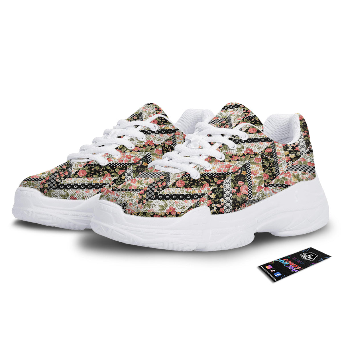 Zigzag Floral Patchwork Print Pattern White Chunky Shoes-grizzshop