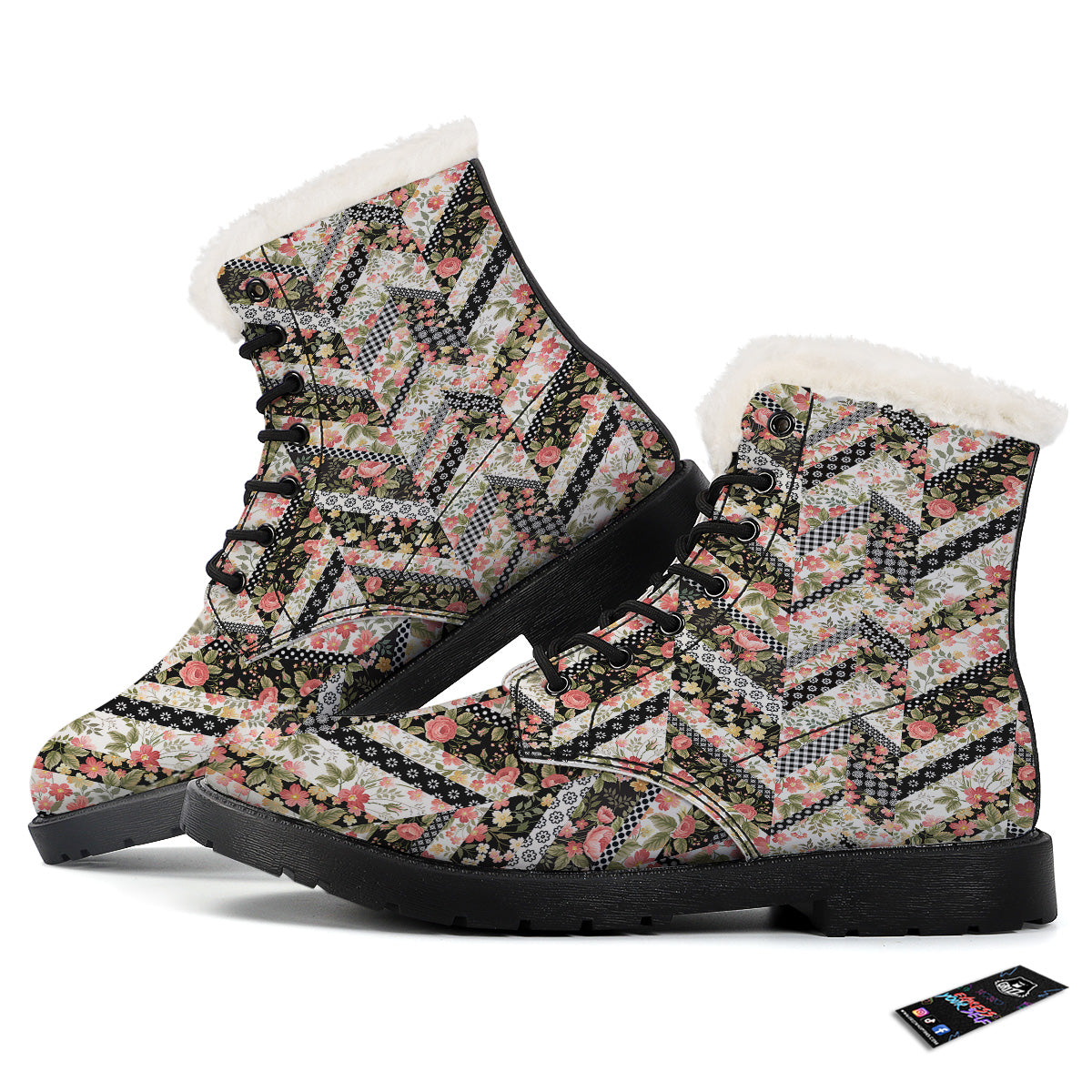 Zigzag Floral Patchwork Print Pattern Winter Boots-grizzshop