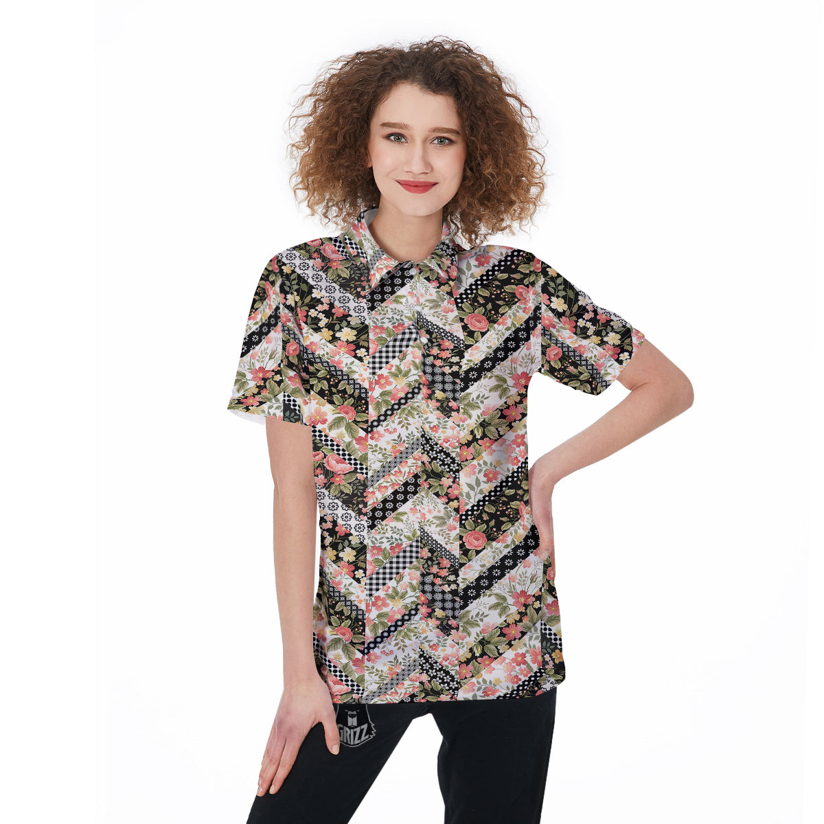 Zigzag Floral Patchwork Print Pattern Women's Golf Shirts-grizzshop