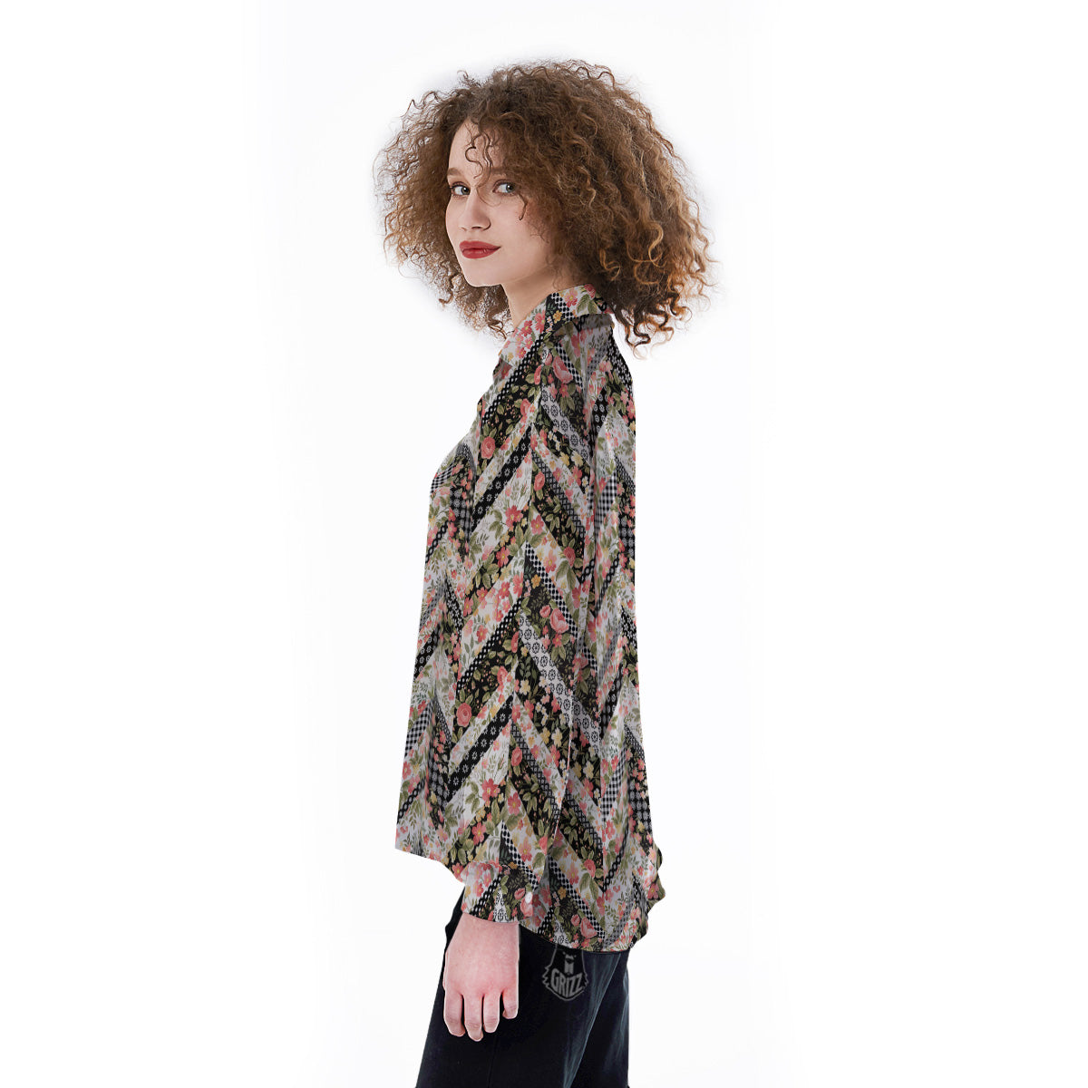 Zigzag Floral Patchwork Print Pattern Women's Long Sleeve Shirts-grizzshop