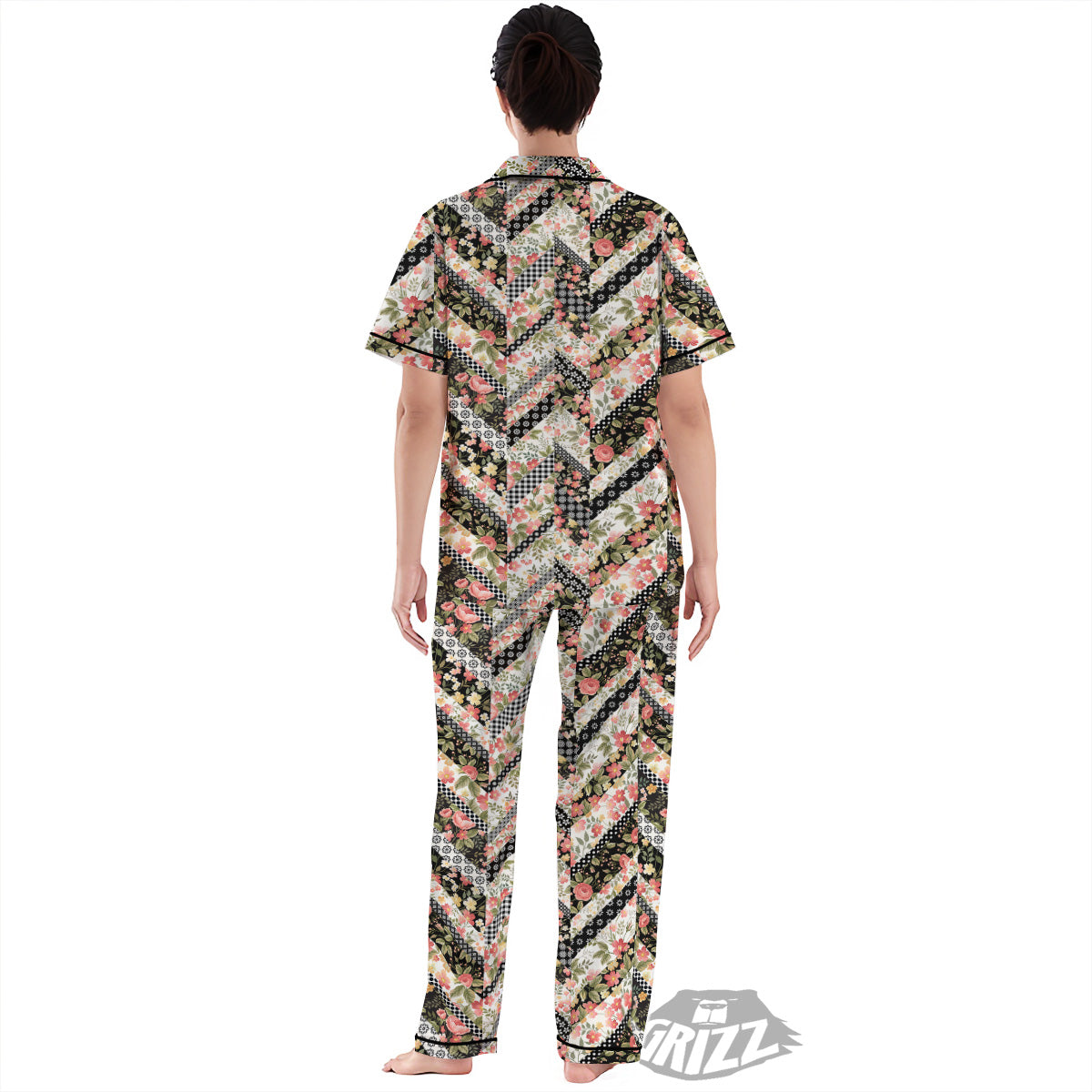 Zigzag Floral Patchwork Print Pattern Women's Pajamas Set-grizzshop