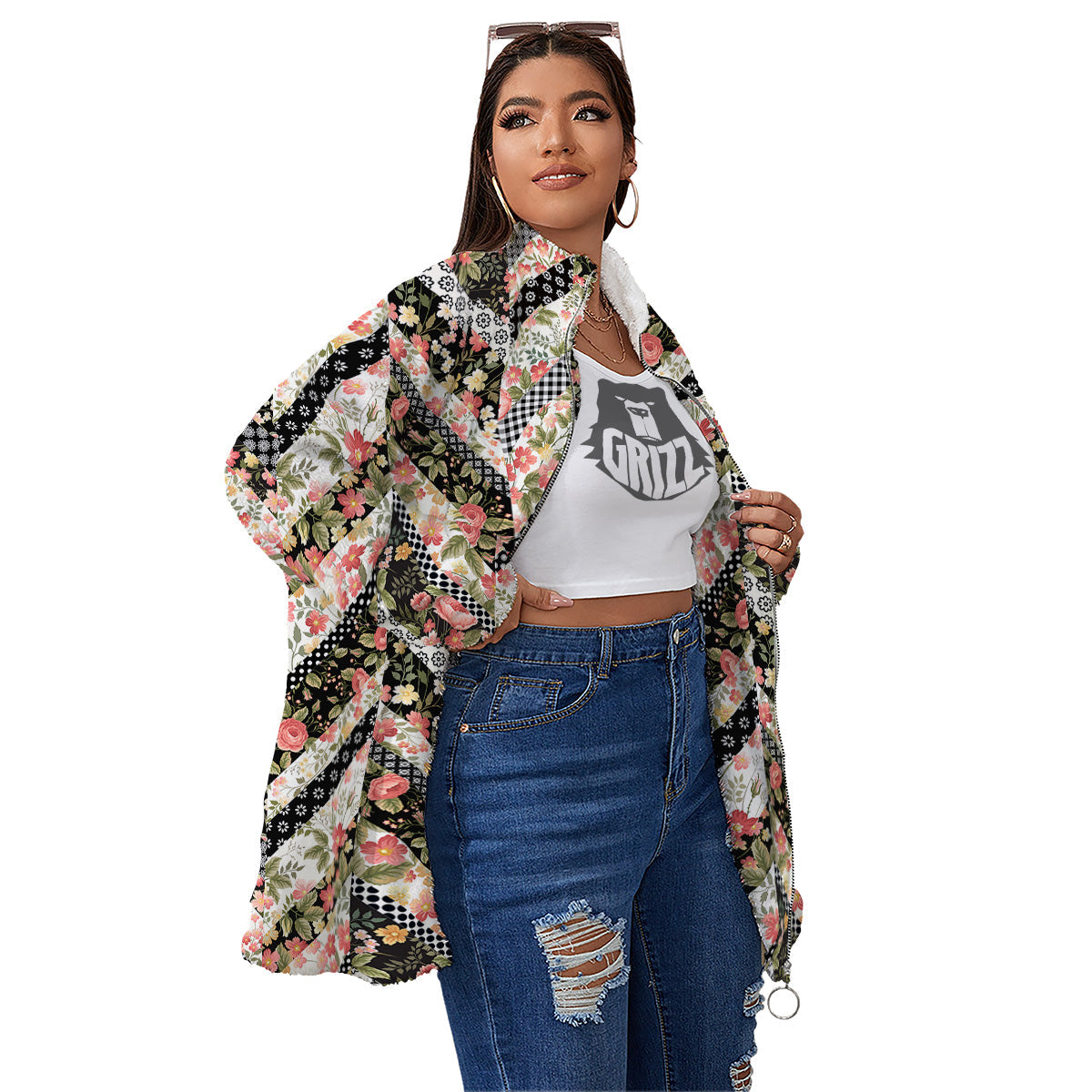 Zigzag Floral Patchwork Print Pattern Women's Sherpa Jacket-grizzshop