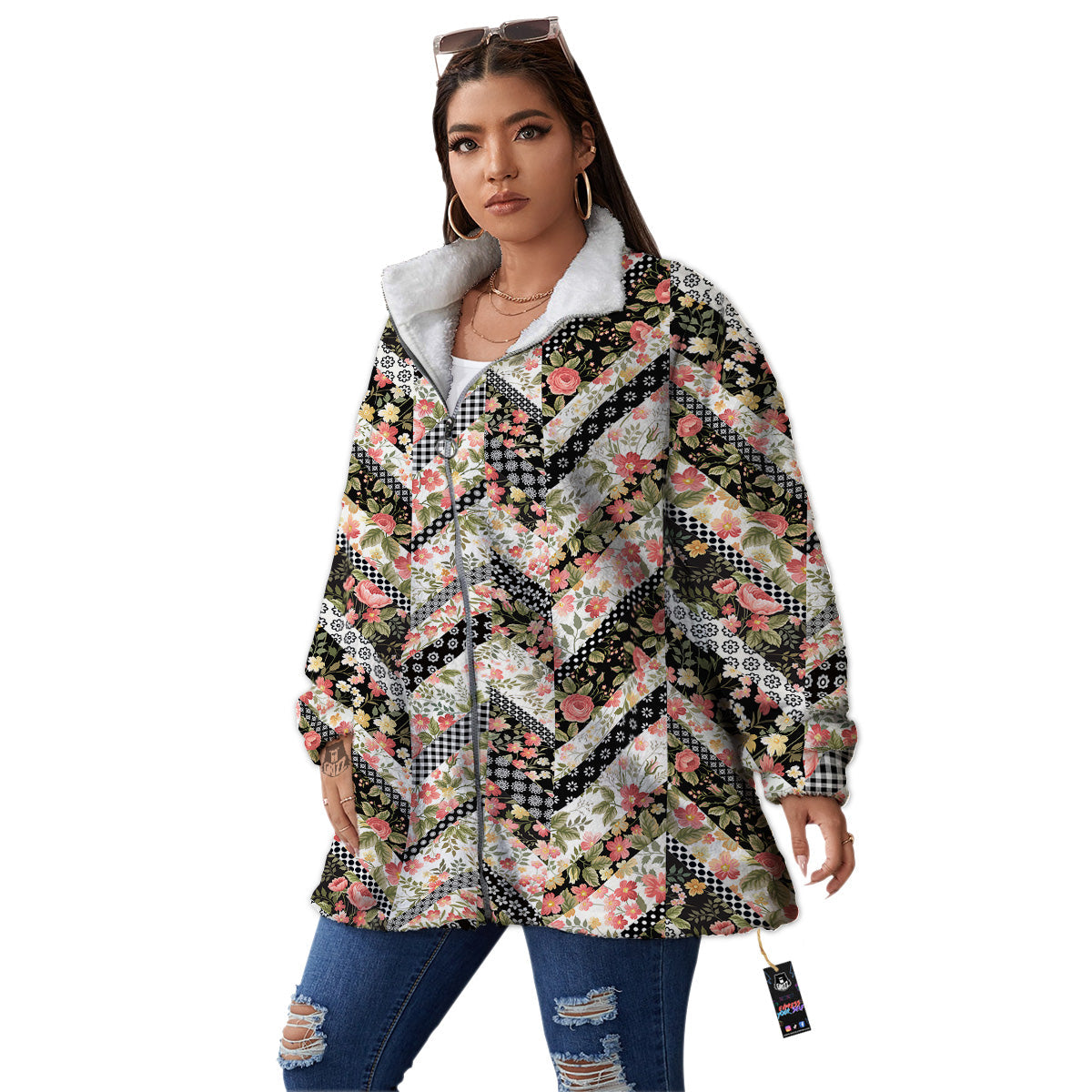 Zigzag Floral Patchwork Print Pattern Women's Sherpa Jacket-grizzshop