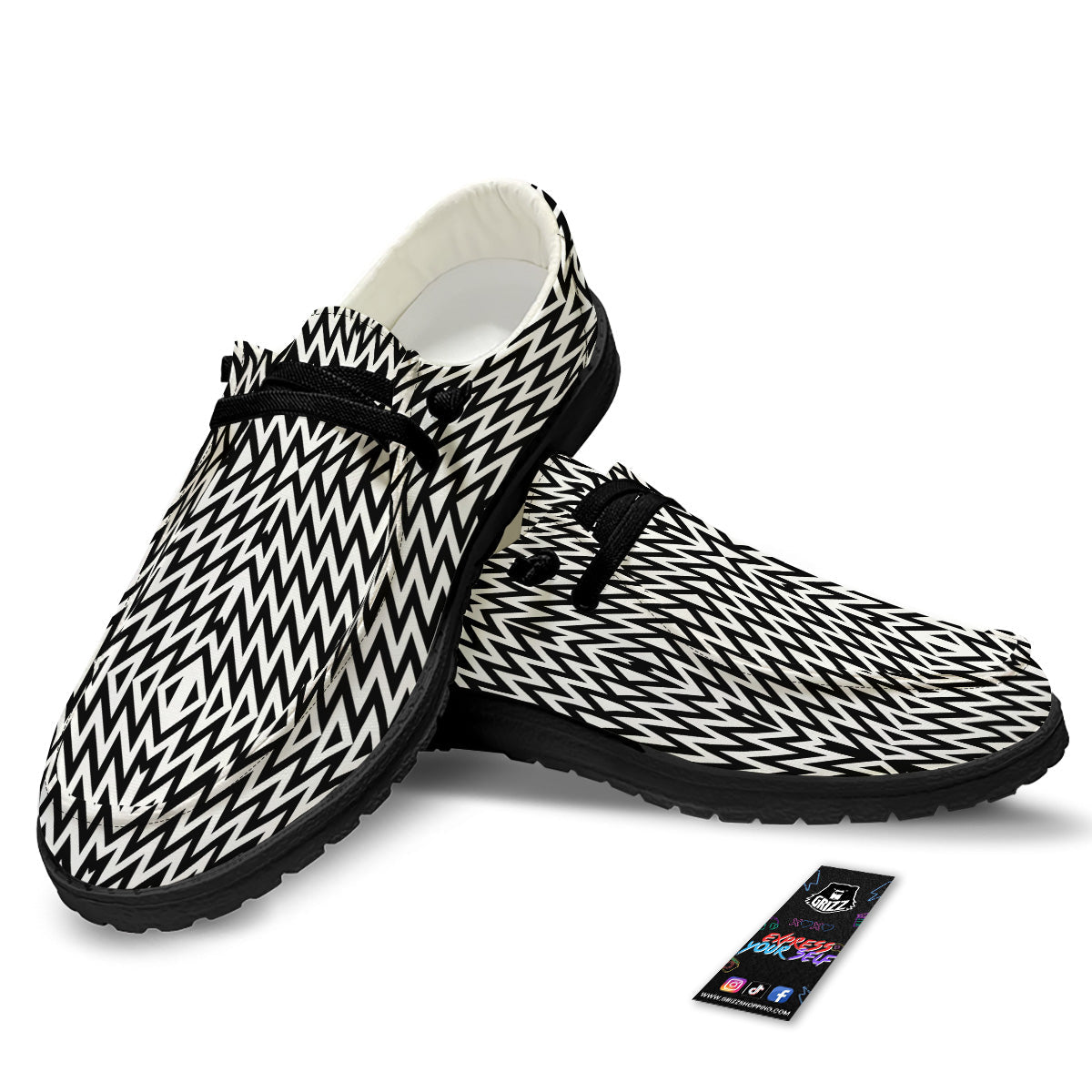 Zigzag Lines Black Print Pattern Black Loafers-grizzshop