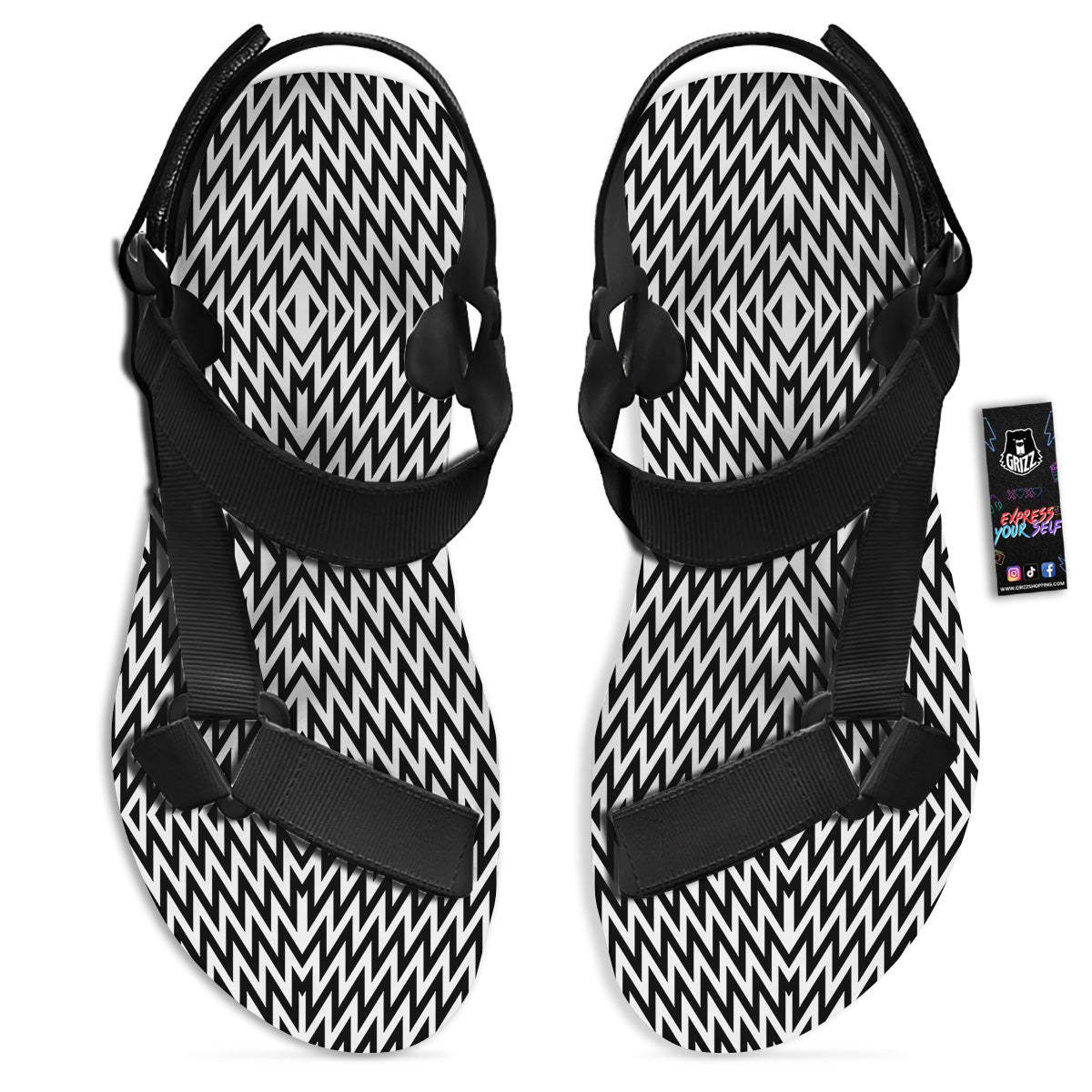 Zigzag Lines Black Print Pattern Black Open Toe Sandals-grizzshop