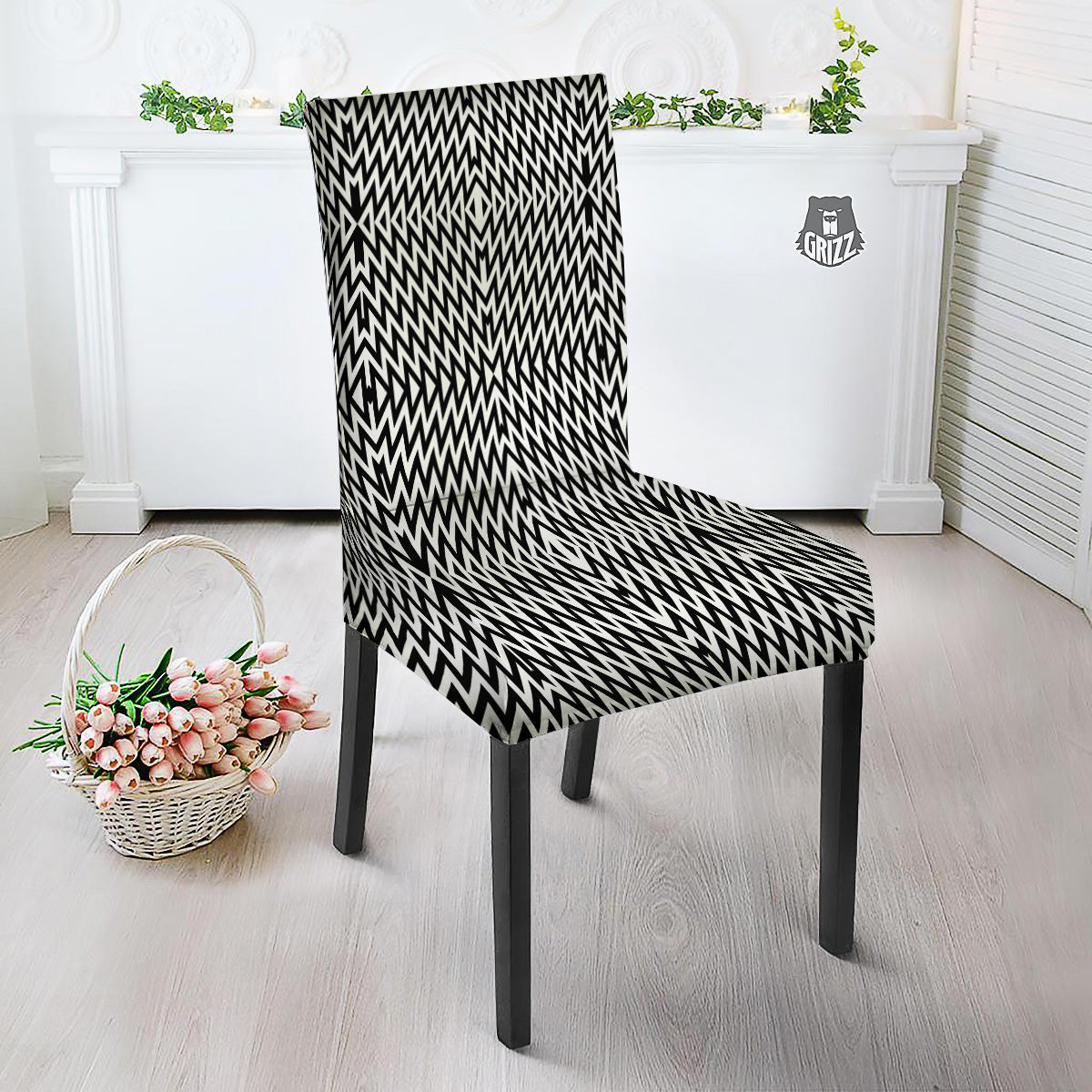 Zigzag Lines Black Print Pattern Dining Chair Slipcover-grizzshop