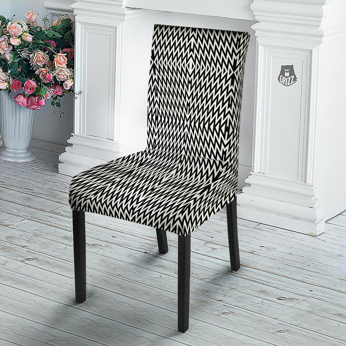 Zigzag Lines Black Print Pattern Dining Chair Slipcover-grizzshop