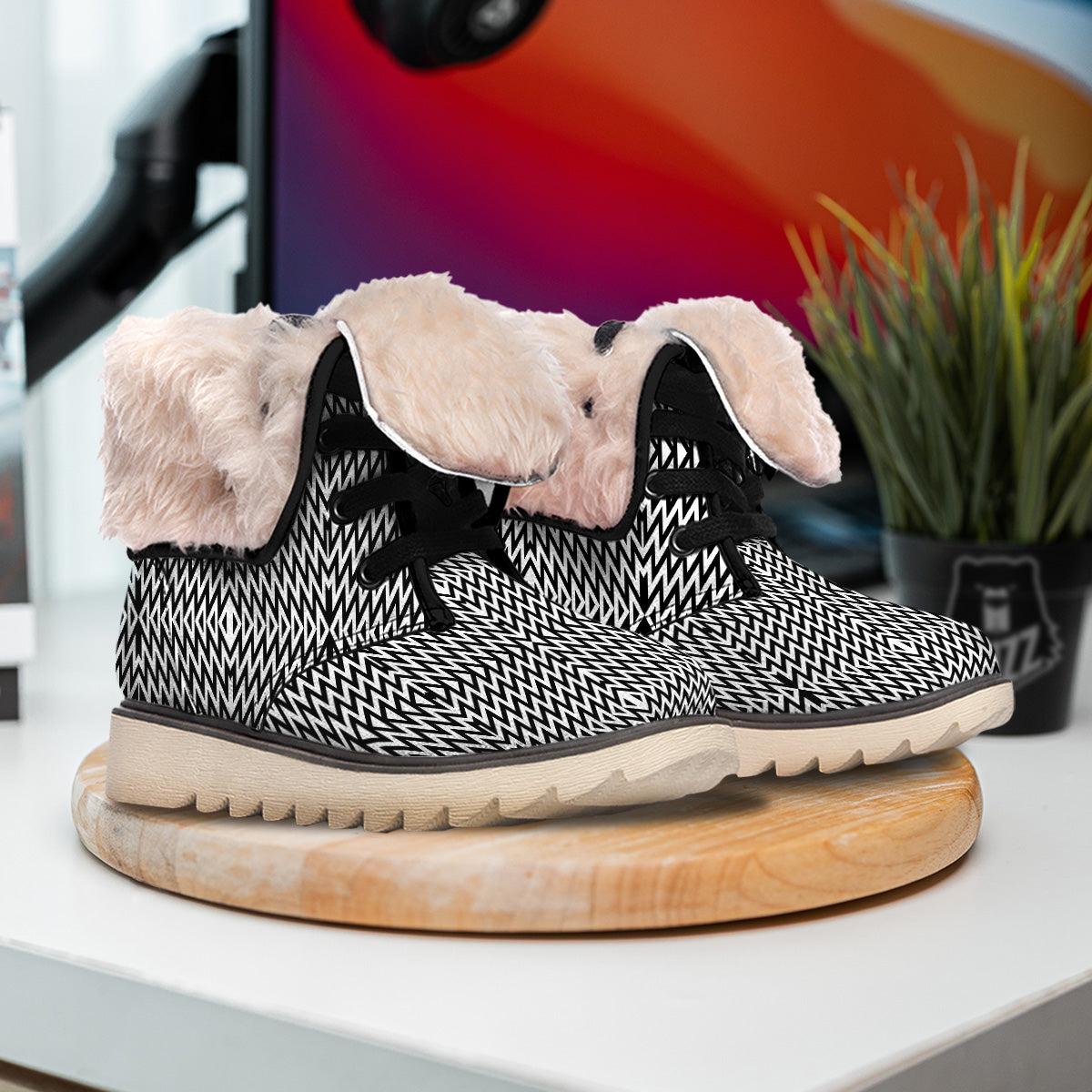Zigzag Lines Black Print Pattern Snow Boots-grizzshop