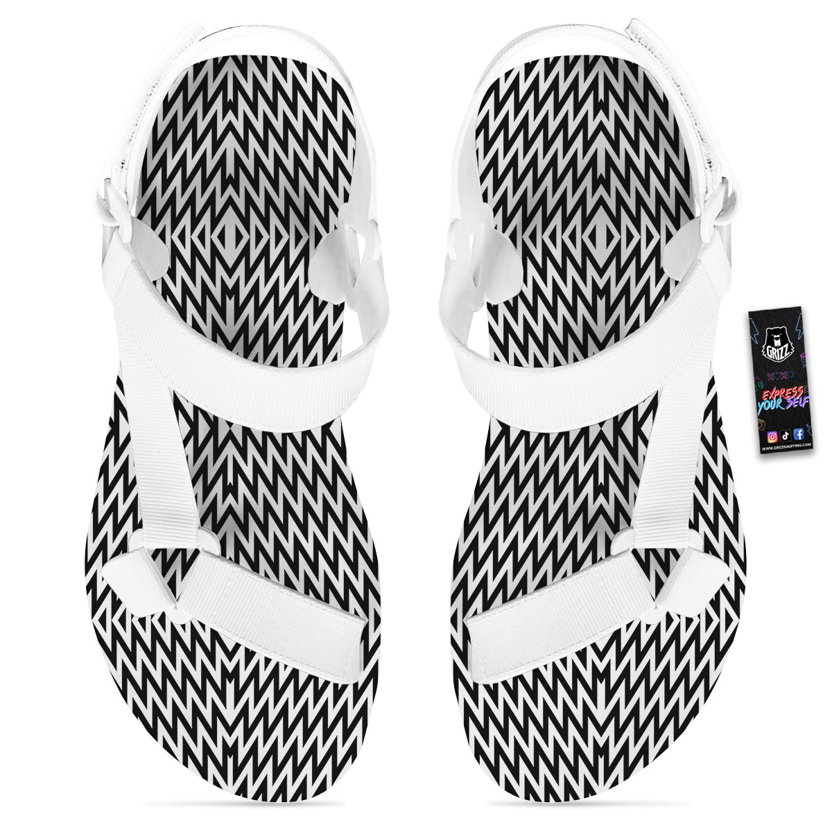 Zigzag Lines Black Print Pattern White Open Toe Sandals-grizzshop