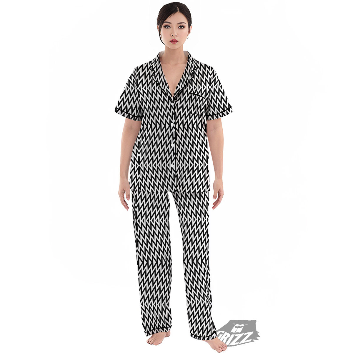 Zigzag Lines Black Print Pattern Women's Pajamas Set-grizzshop