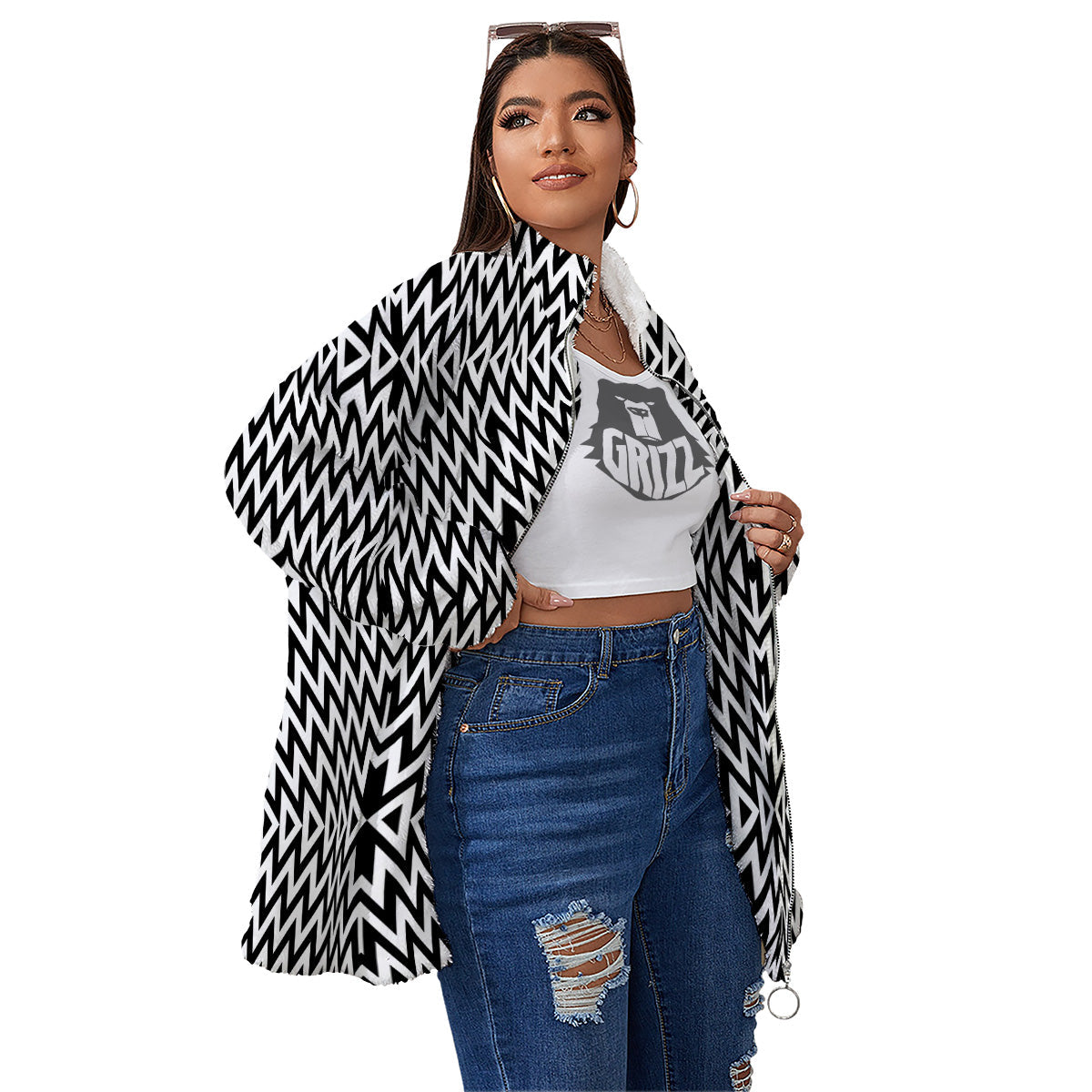 Zigzag Lines Black Print Pattern Women's Sherpa Jacket-grizzshop