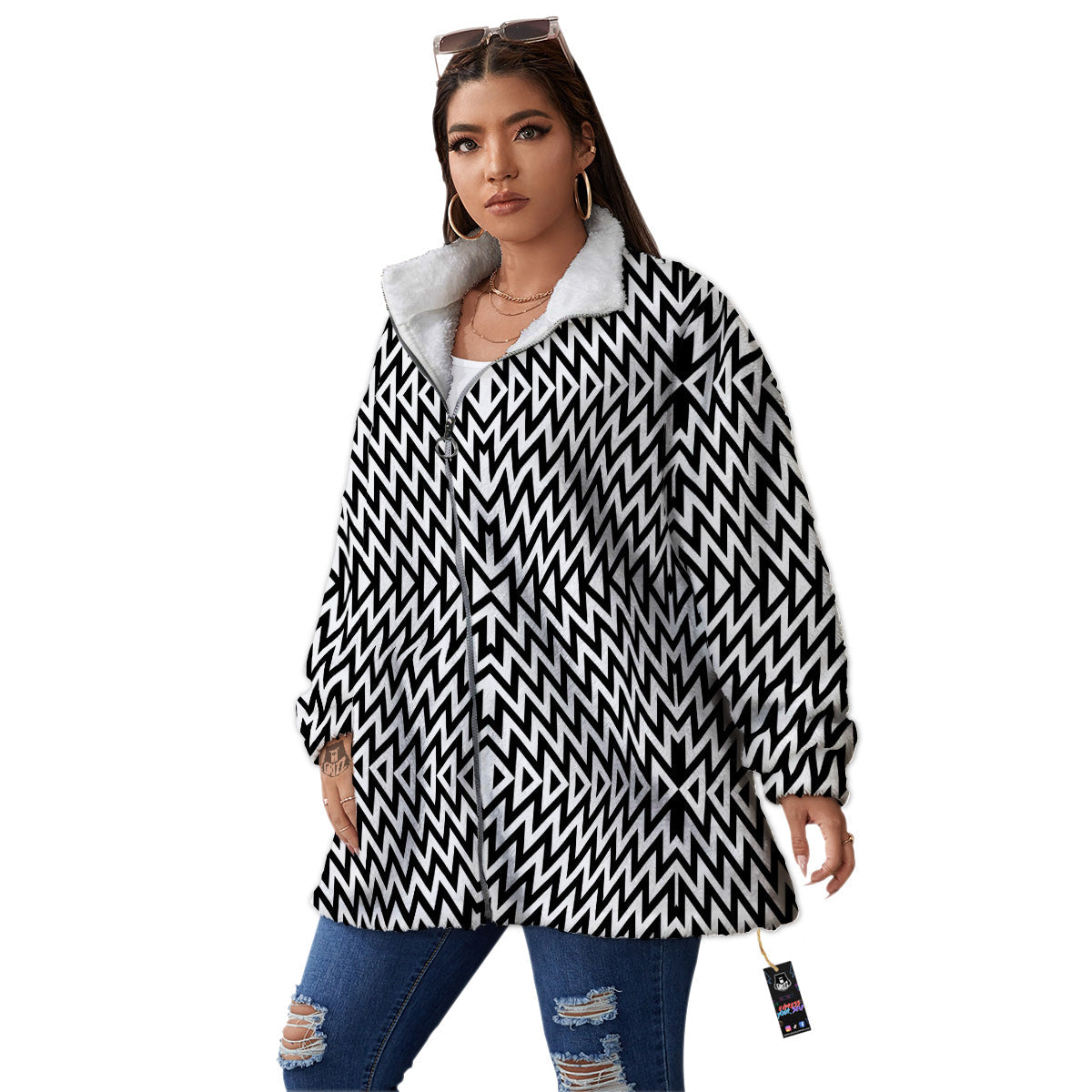 Zigzag Lines Black Print Pattern Women's Sherpa Jacket-grizzshop