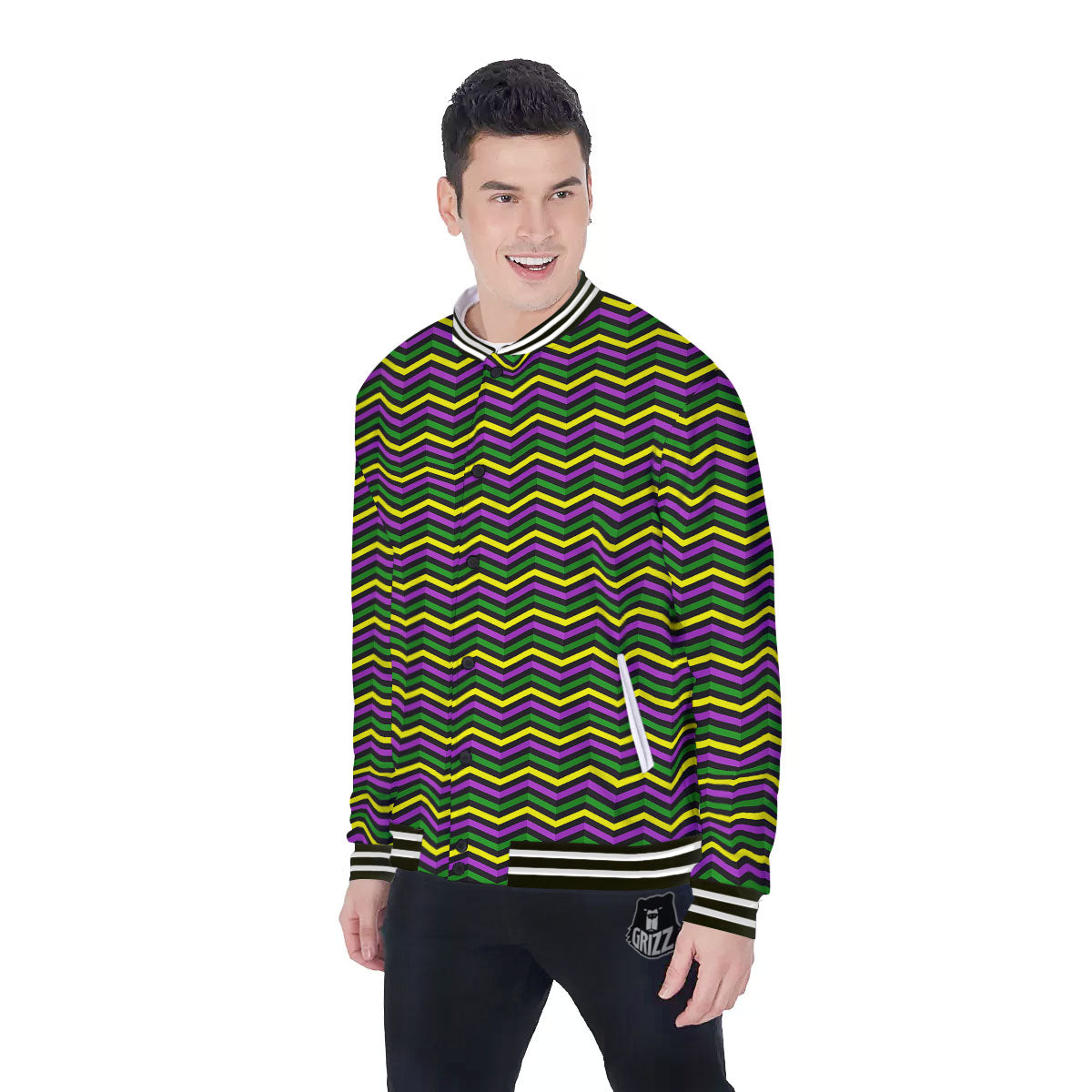 Zigzag Mardi Gras Print Pattern Baseball Jacket-grizzshop