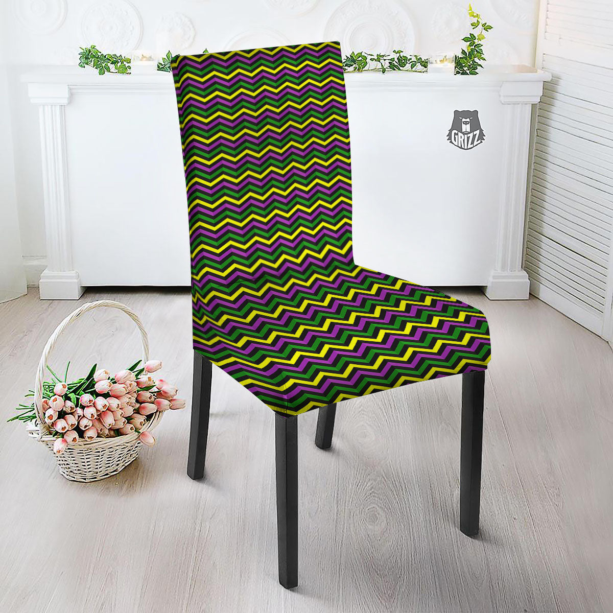 Zigzag Mardi Gras Print Pattern Dining Chair Slipcover-grizzshop