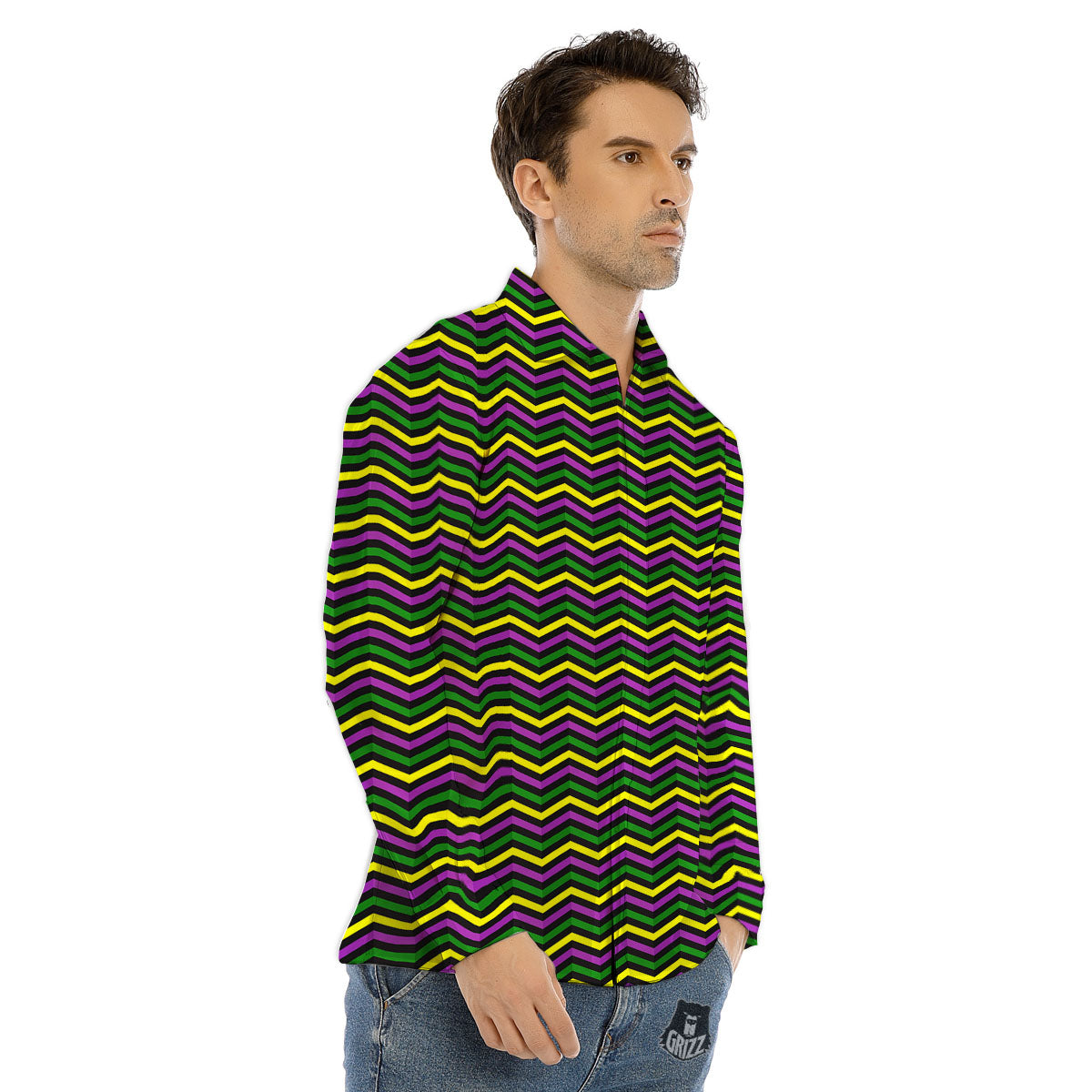 Zigzag Mardi Gras Print Pattern Men's Dress Shirts-grizzshop