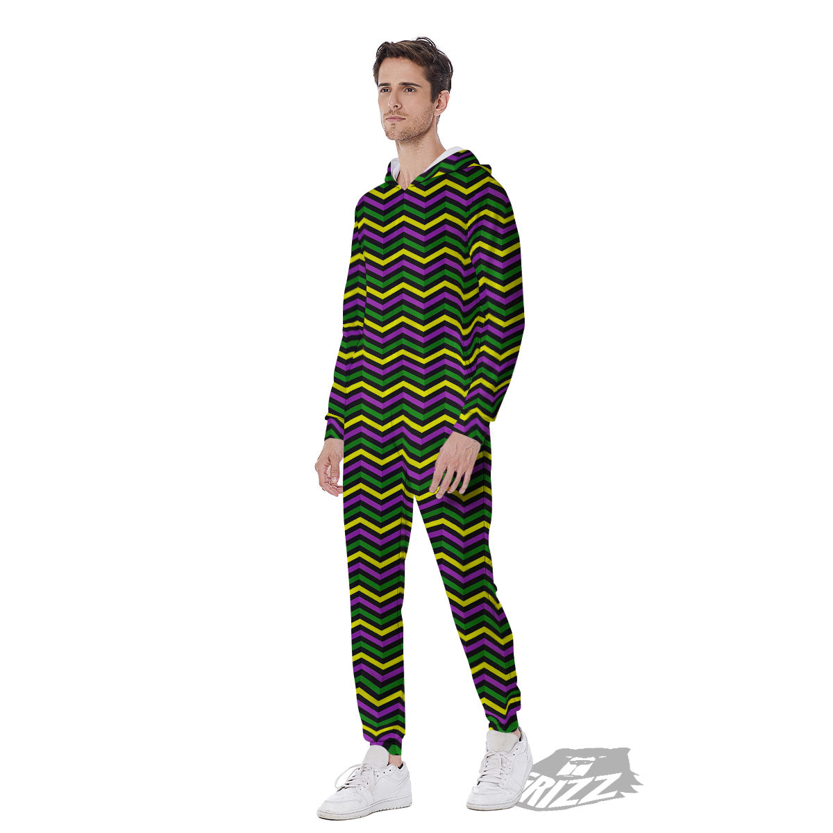 Zigzag Mardi Gras Print Pattern Men's Jumpsuit-grizzshop