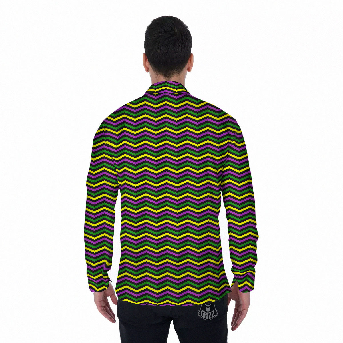 Zigzag Mardi Gras Print Pattern Men's Long Sleeve Shirts-grizzshop