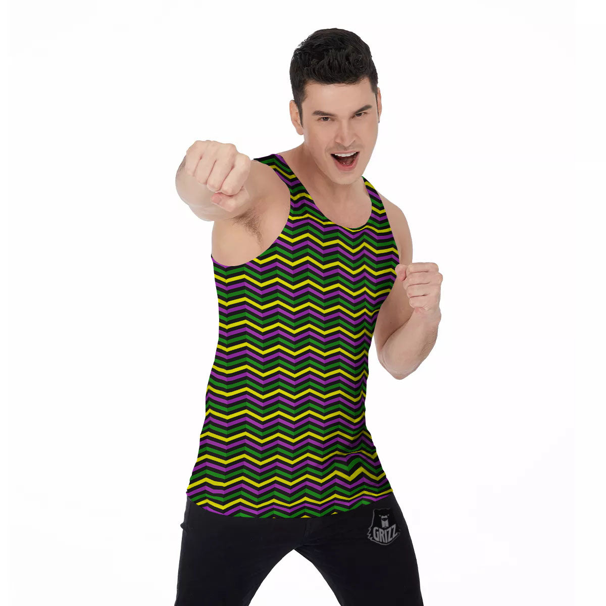 Zigzag Mardi Gras Print Pattern Men's Tank Top-grizzshop