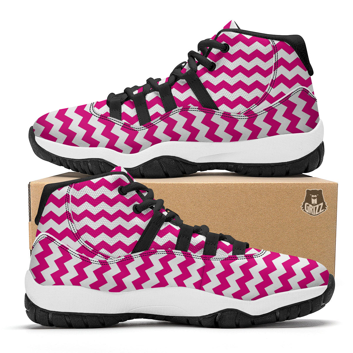 Zigzag Pink And White Print Pattern Black Bball Shoes-grizzshop