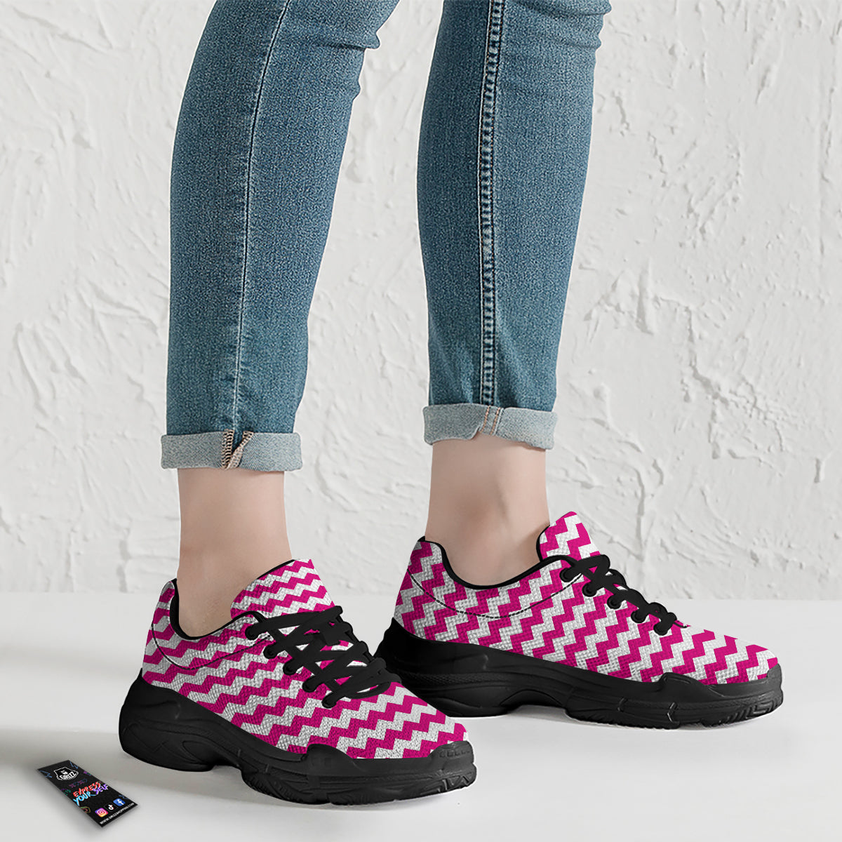Zigzag Pink And White Print Pattern Black Chunky Shoes-grizzshop