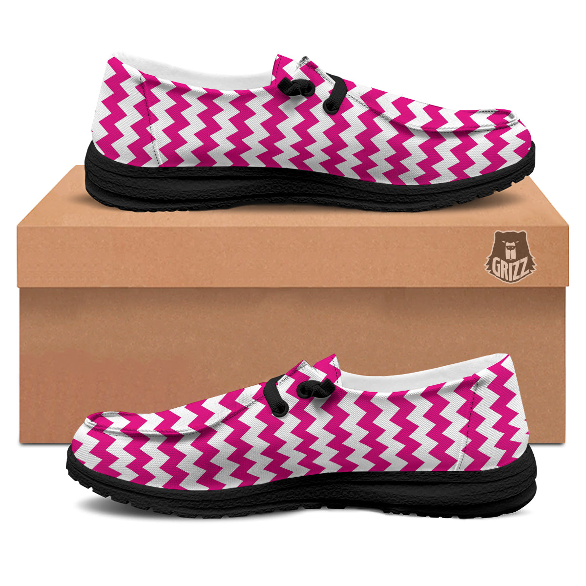 Zigzag Pink And White Print Pattern Black Loafers-grizzshop