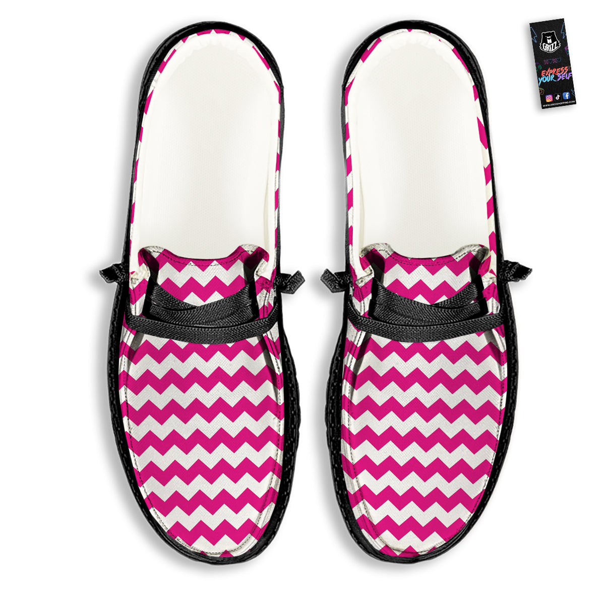 Zigzag Pink And White Print Pattern Black Loafers-grizzshop