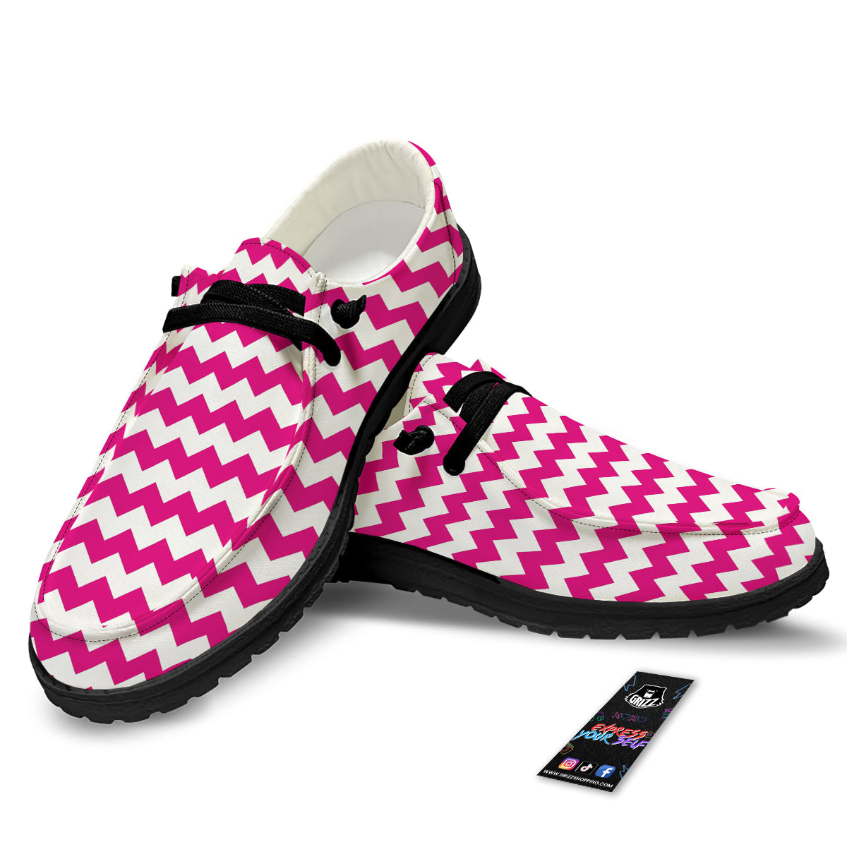 Zigzag Pink And White Print Pattern Black Loafers-grizzshop