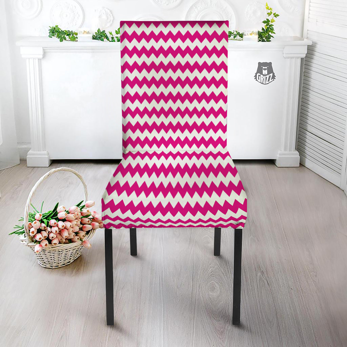 Zigzag Pink And White Print Pattern Dining Chair Slipcover-grizzshop