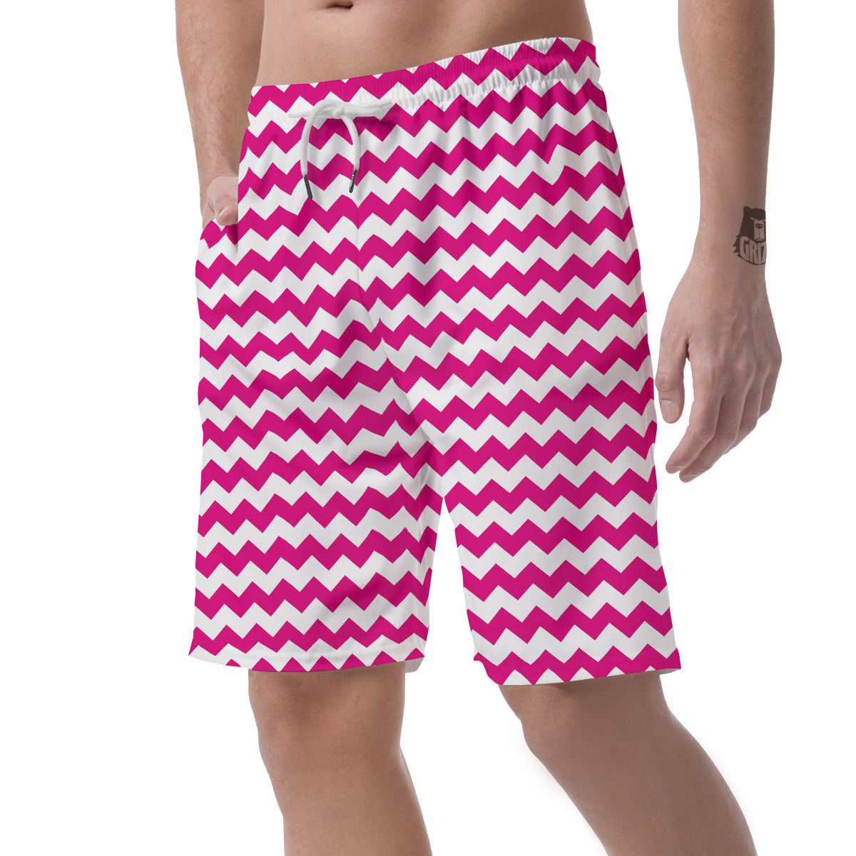 Zigzag Pink And White Print Pattern Men's Shorts-grizzshop