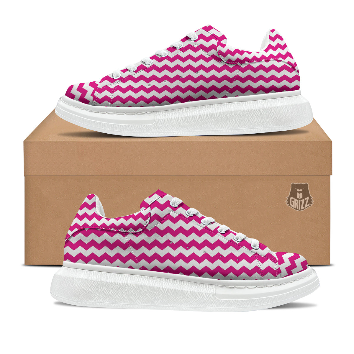 Zigzag Pink And White Print Pattern Platform Shoes-grizzshop