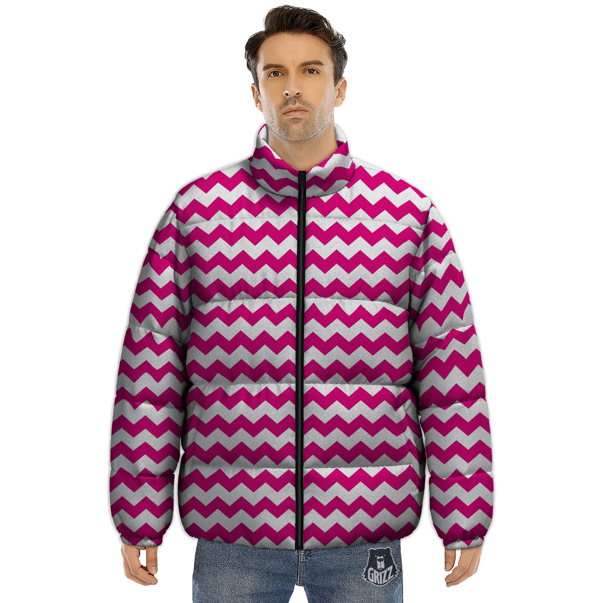 Zigzag Pink And White Print Pattern Puffer Jacket-grizzshop