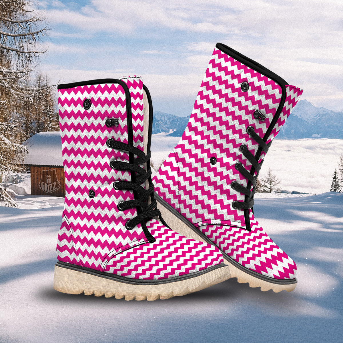 Zigzag Pink And White Print Pattern Snow Boots-grizzshop