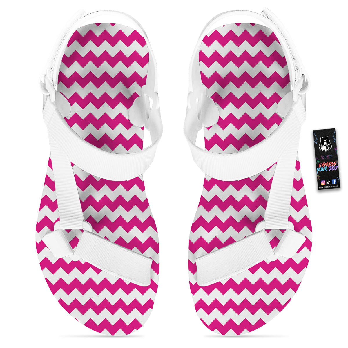 Zigzag Pink And White Print Pattern White Open Toe Sandals-grizzshop