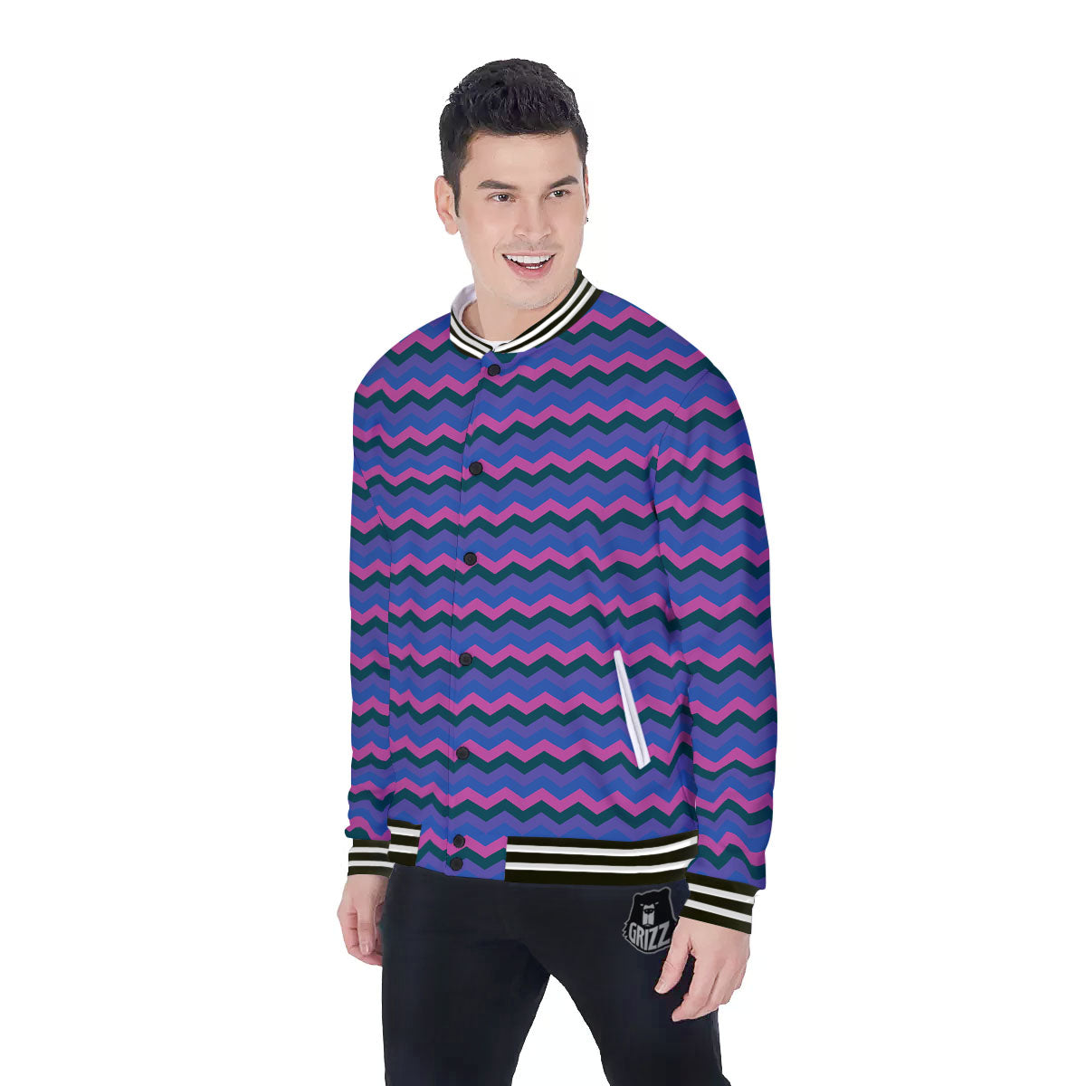 Zigzag Purple And Blue Print Pattern Baseball Jacket-grizzshop