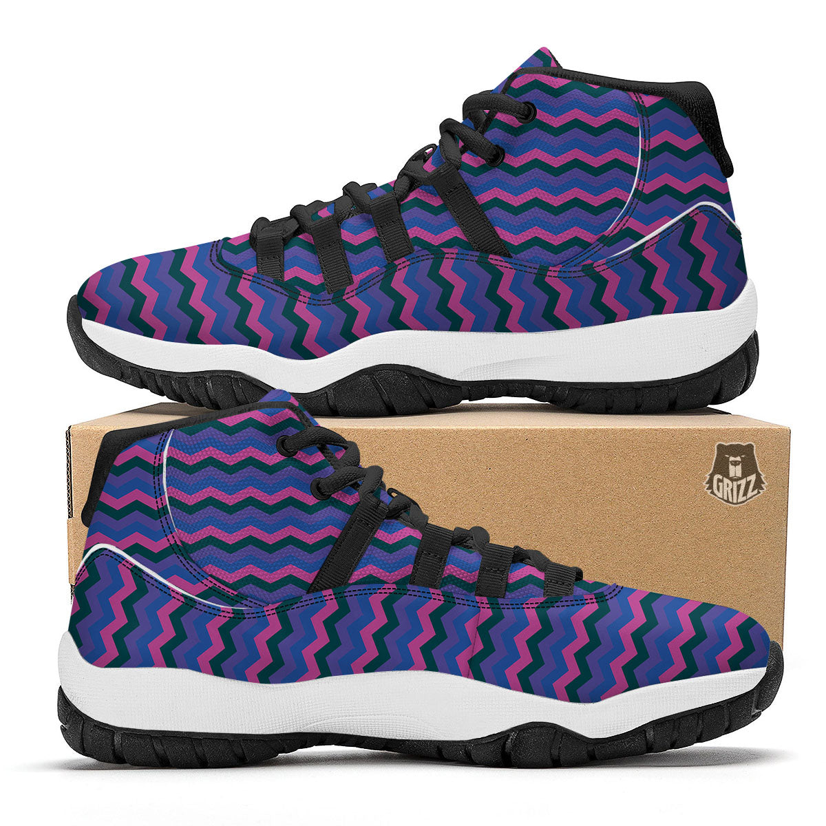 Zigzag Purple And Blue Print Pattern Black Bball Shoes-grizzshop