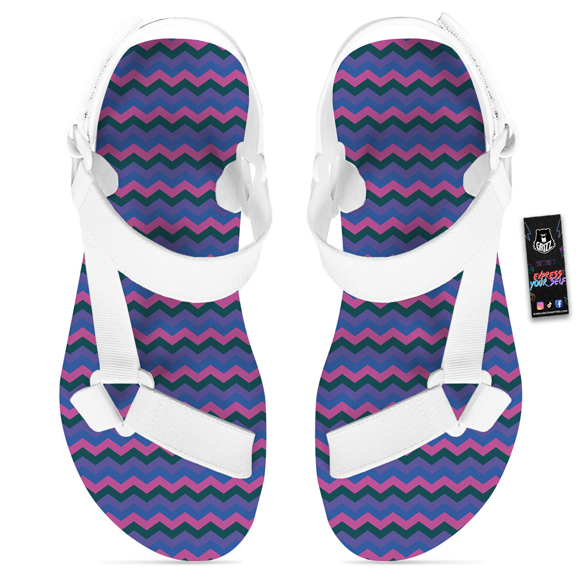 Zigzag Purple And Blue Print Pattern White Open Toe Sandals-grizzshop