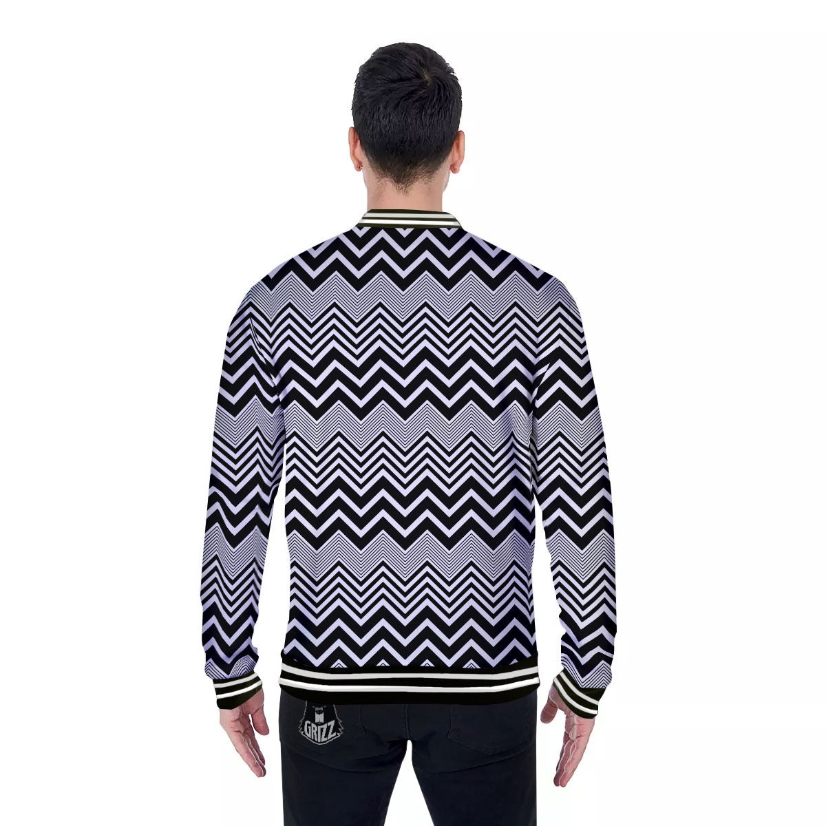 Zigzag White And Black Print Pattern Baseball Jacket-grizzshop