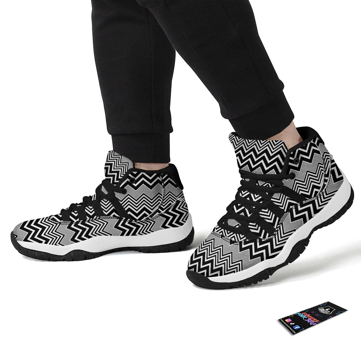 Zigzag White And Black Print Pattern Black Bball Shoes-grizzshop