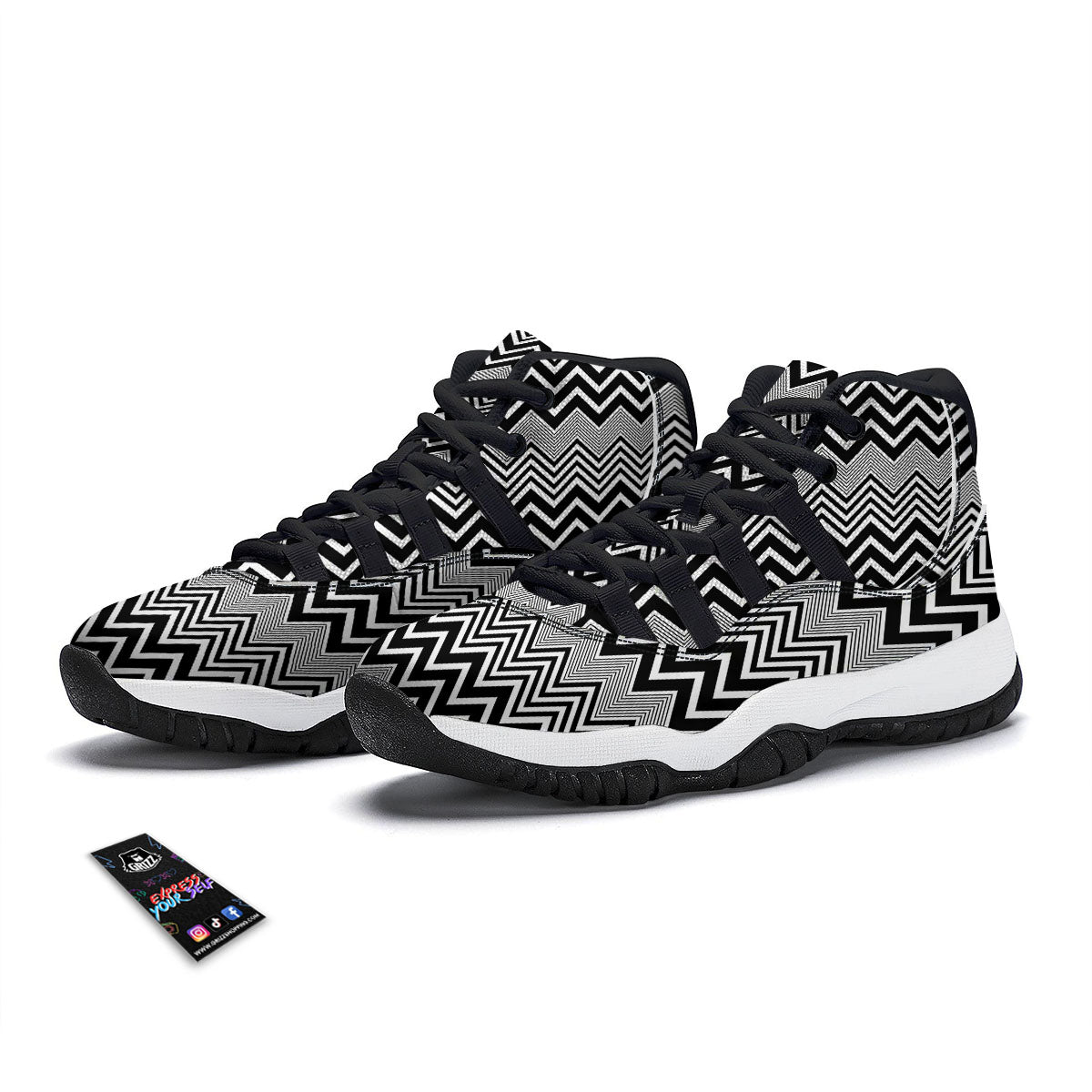 Zigzag White And Black Print Pattern Black Bball Shoes-grizzshop