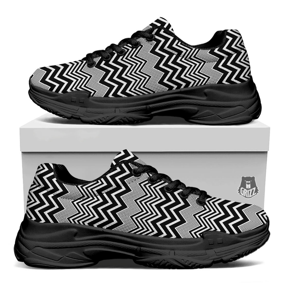 Zigzag White And Black Print Pattern Black Chunky Shoes-grizzshop