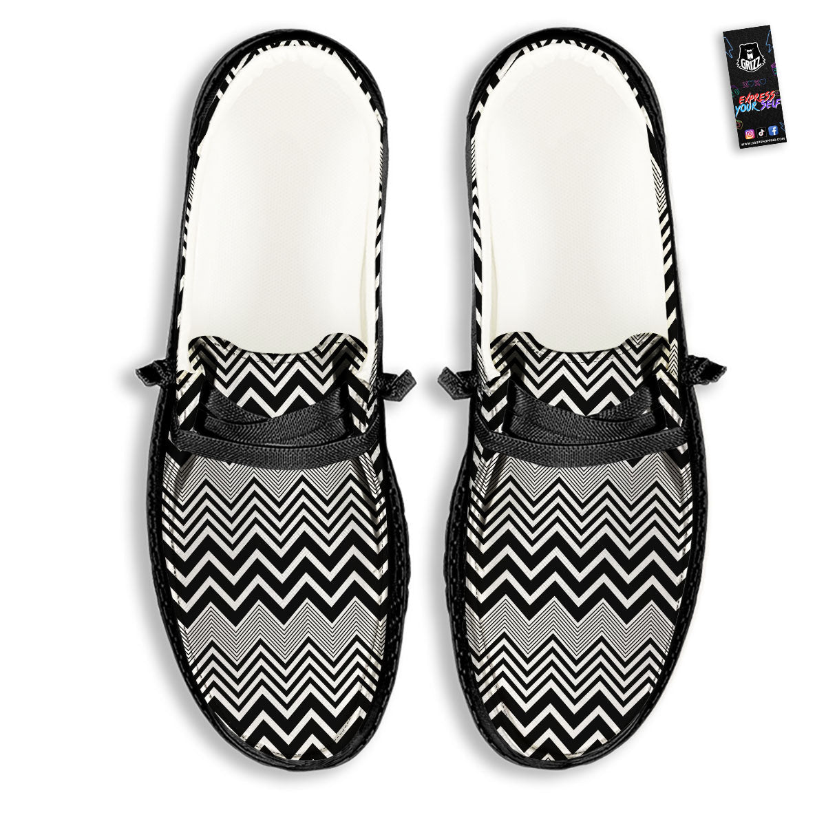Zigzag White And Black Print Pattern Black Loafers-grizzshop