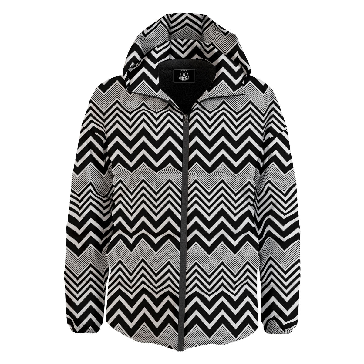 Zigzag White And Black Print Pattern Down Jacket-grizzshop