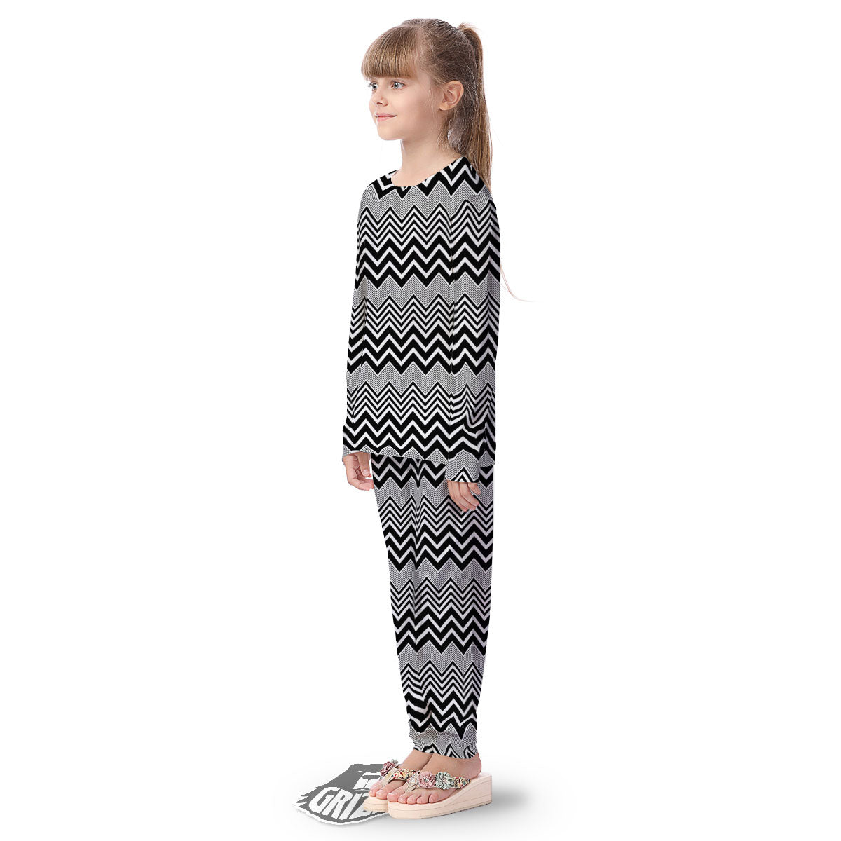 Zigzag White And Black Print Pattern Kid's Pajamas-grizzshop