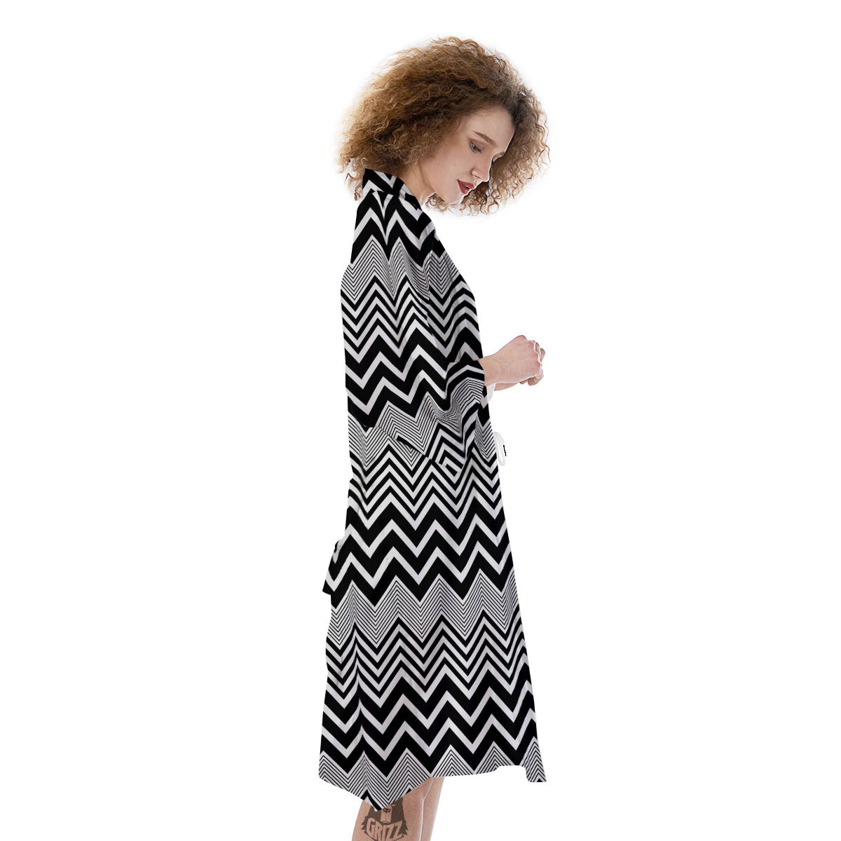 Zigzag White And Black Print Pattern Kimono-grizzshop