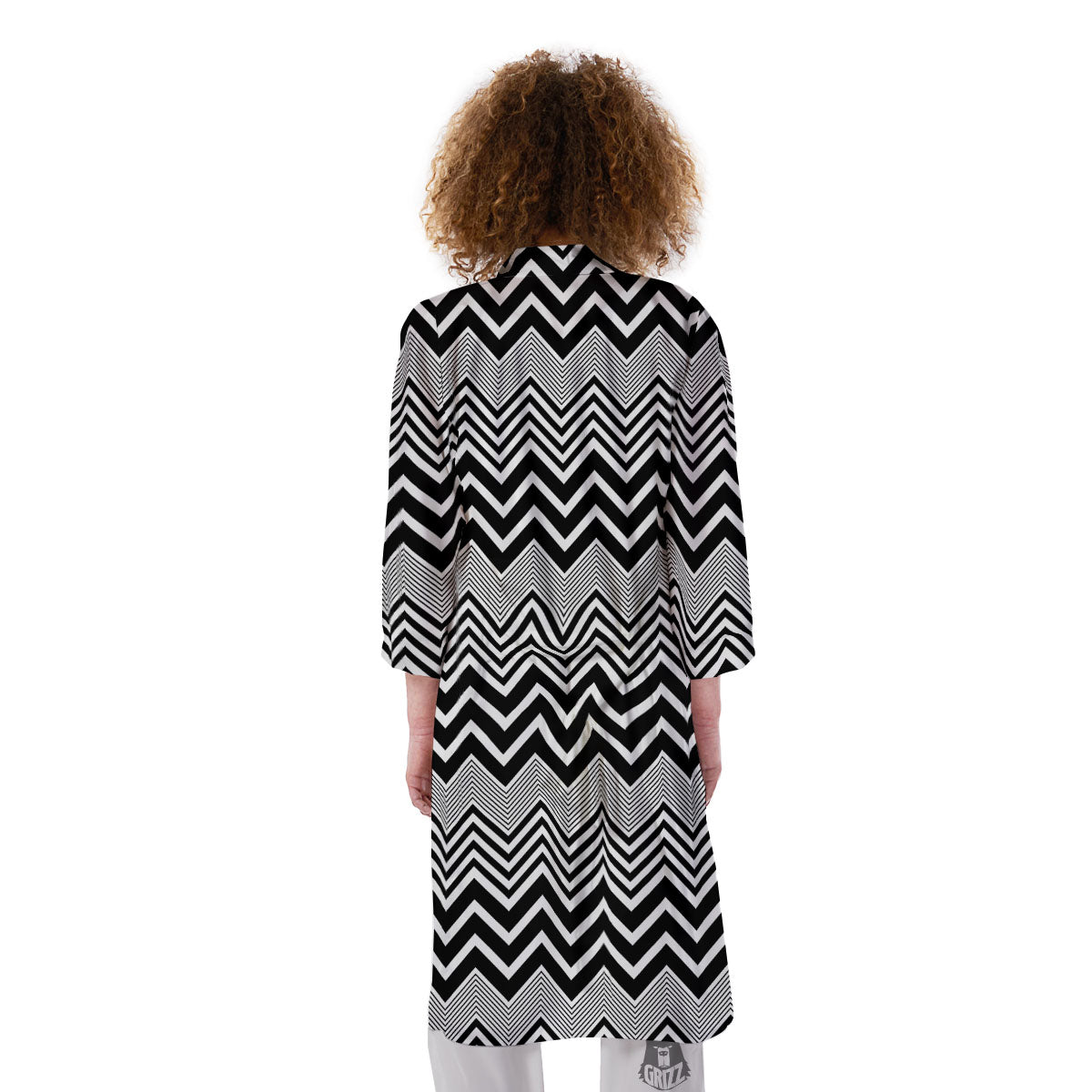 Zigzag White And Black Print Pattern Kimono-grizzshop