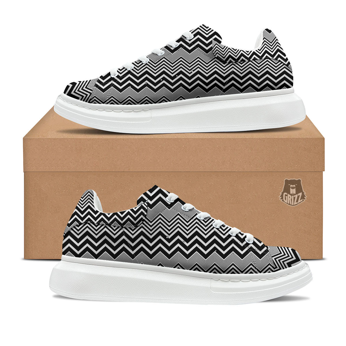 Zigzag White And Black Print Pattern Platform Shoes-grizzshop