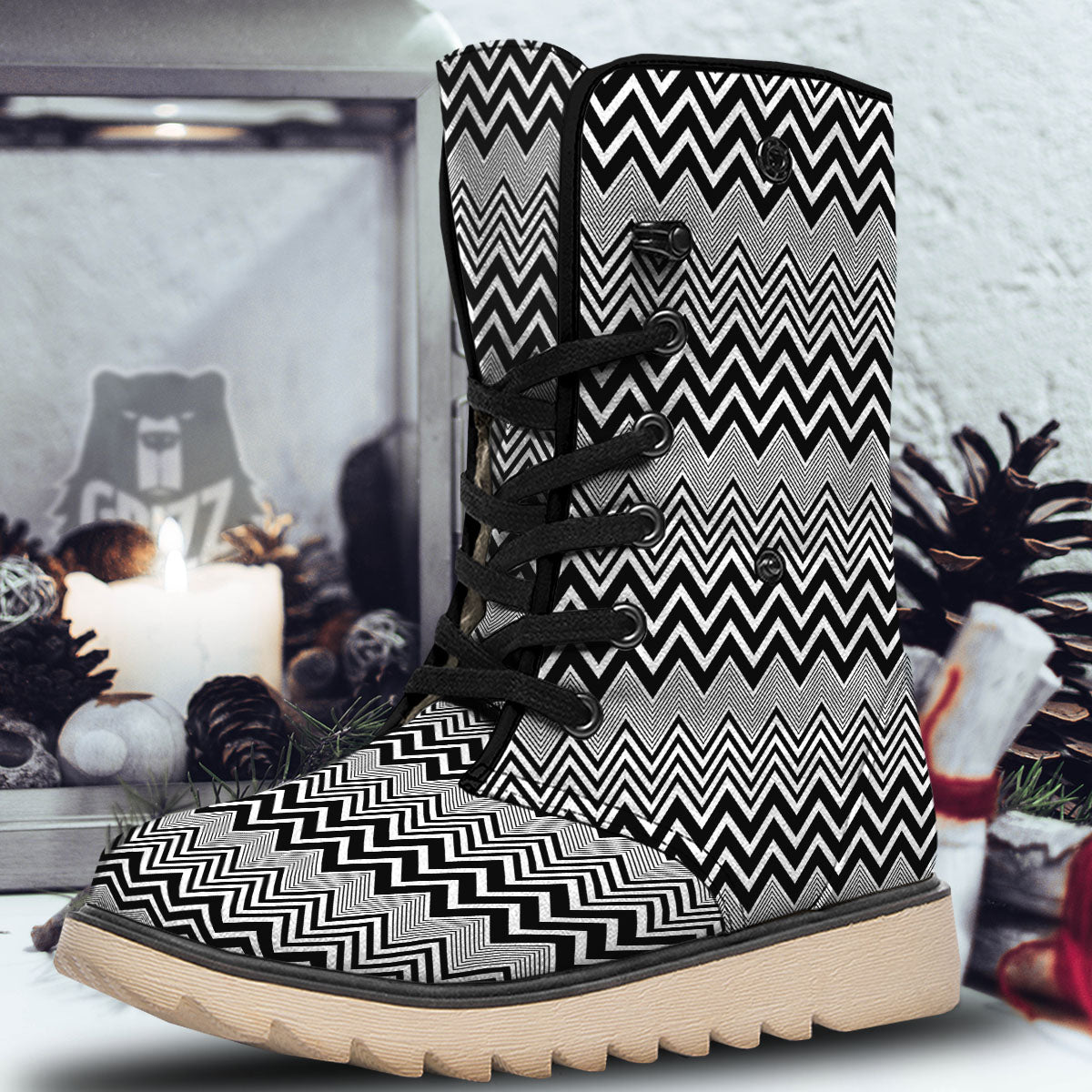 Zigzag White And Black Print Pattern Snow Boots-grizzshop