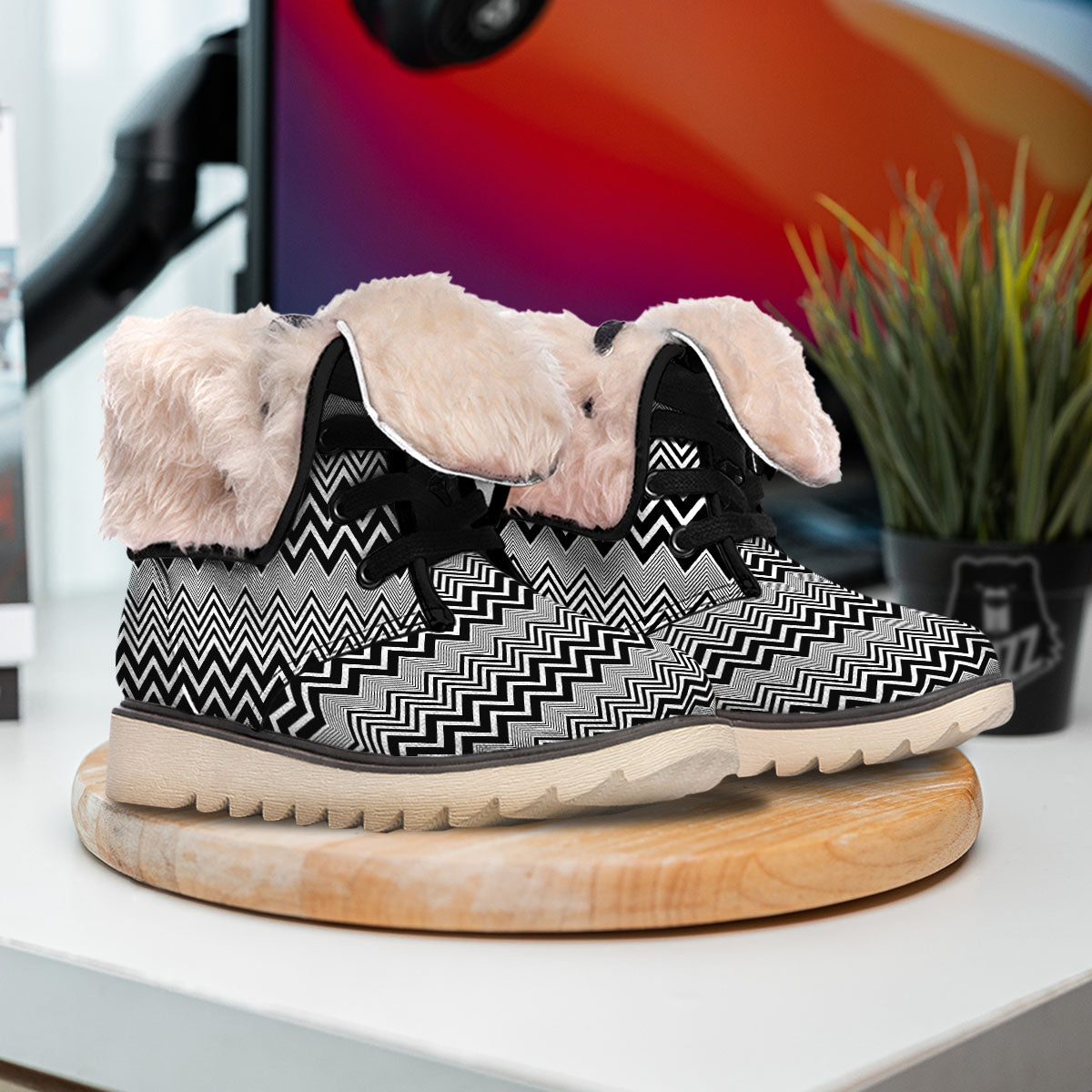 Zigzag White And Black Print Pattern Snow Boots-grizzshop