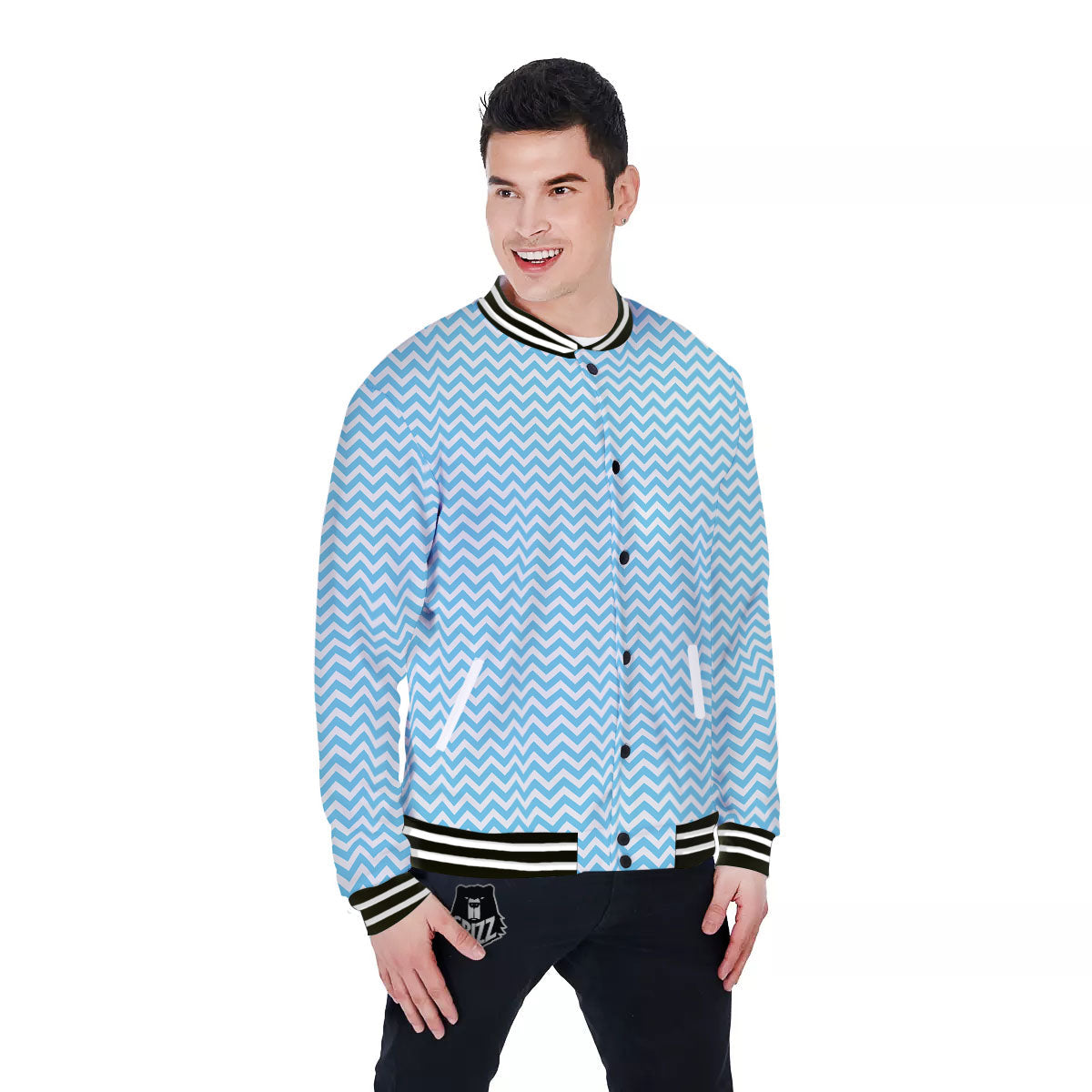 Zigzag White And Blue Print Pattern Baseball Jacket-grizzshop
