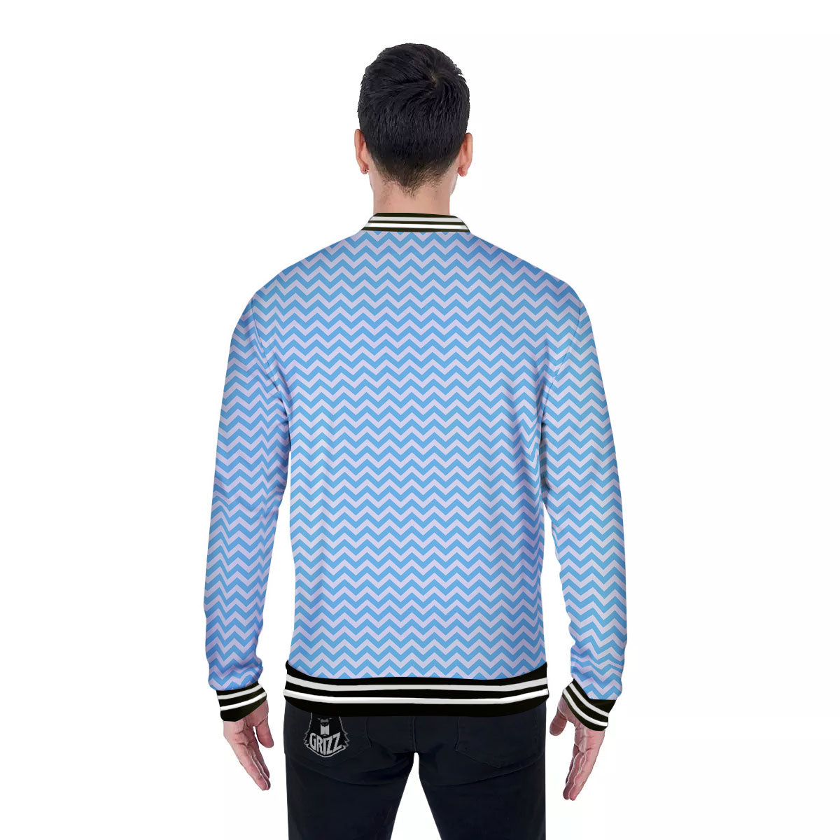 Zigzag White And Blue Print Pattern Baseball Jacket-grizzshop